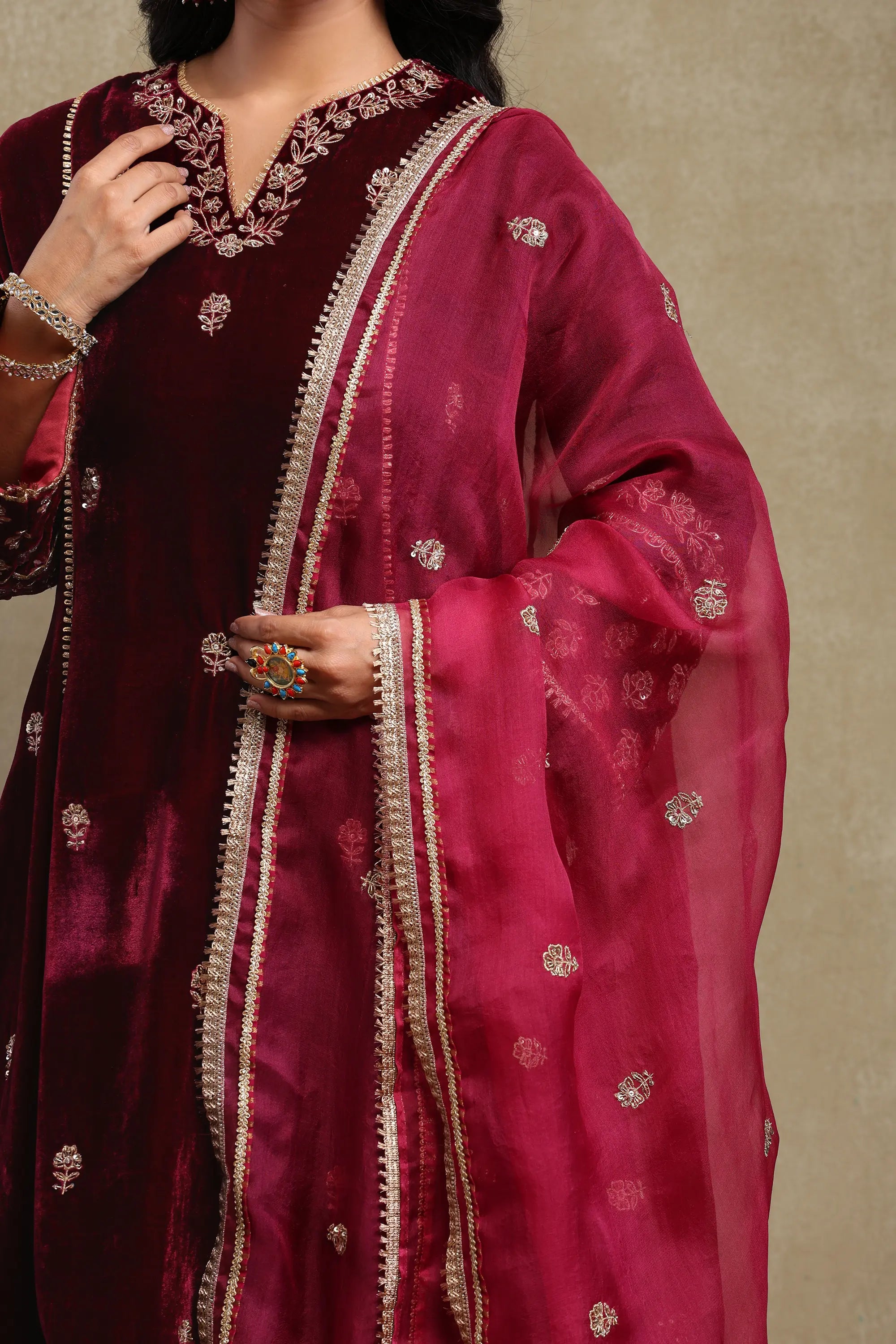 Raabta Plum Embroidered Silk Velvet Kurta Set