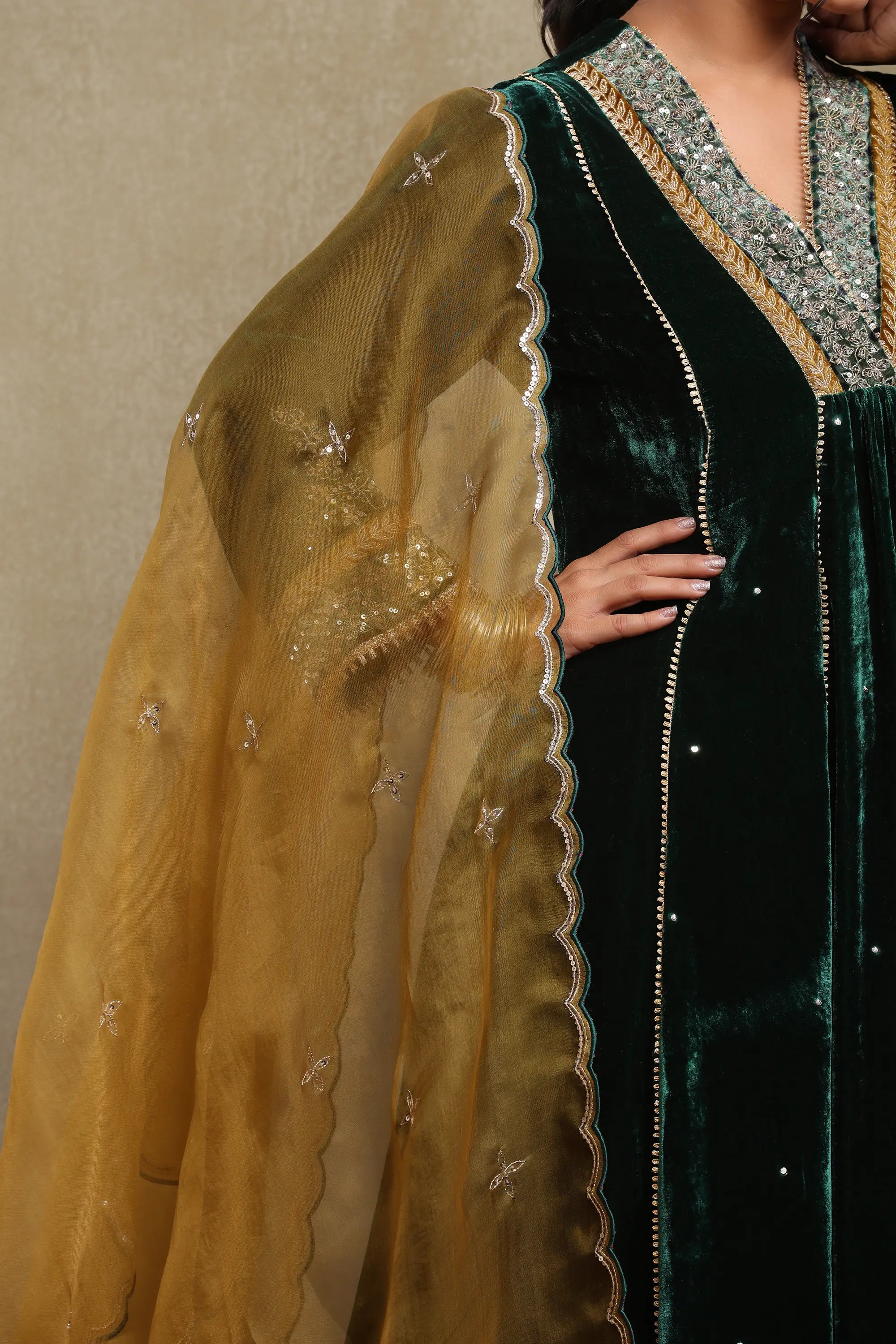 Anam Forest Green Embroidered Kurta Set