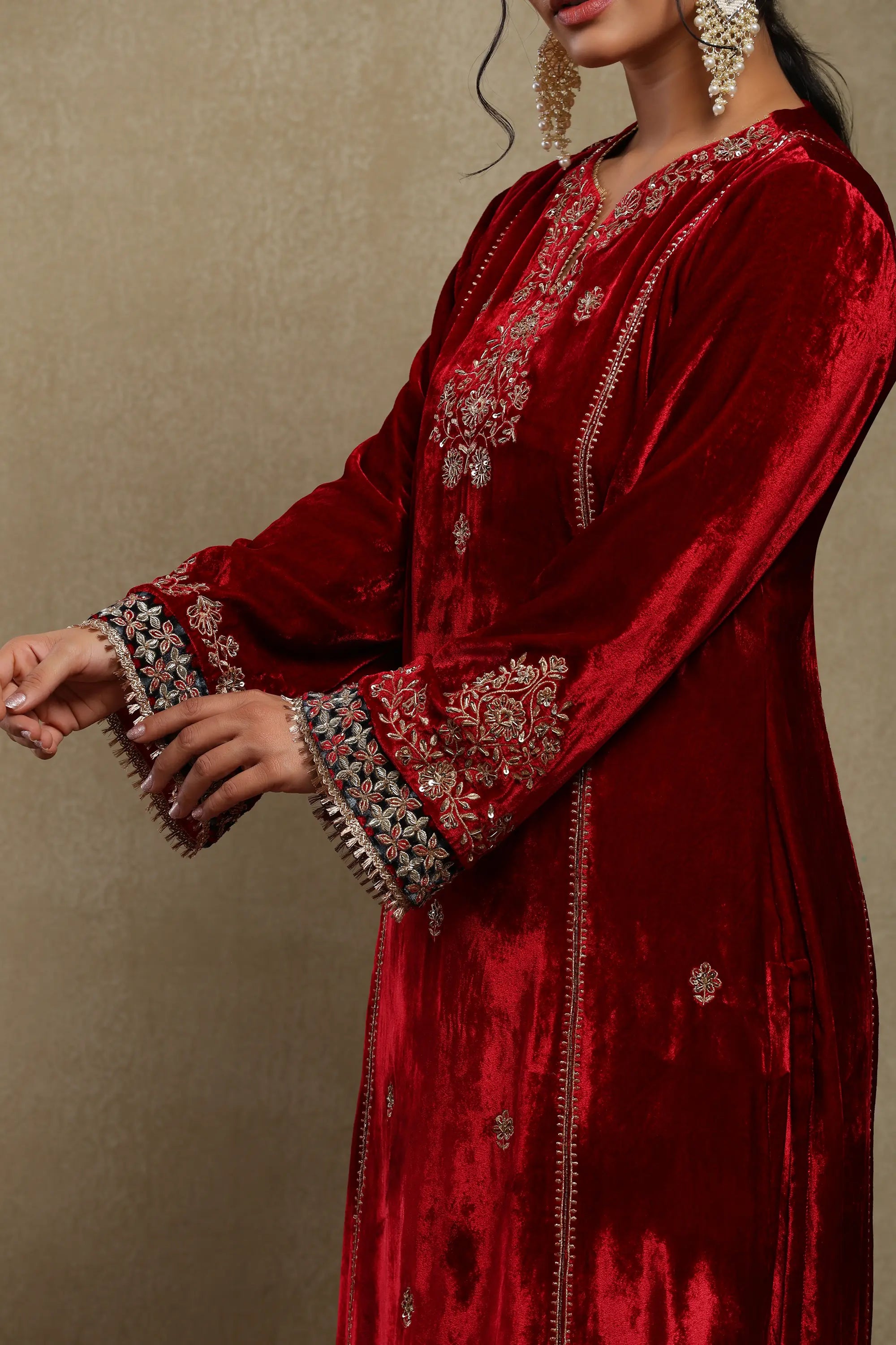 Leena Cherry Red Embroidered Silk Velvet Handcrafted Kurta Set