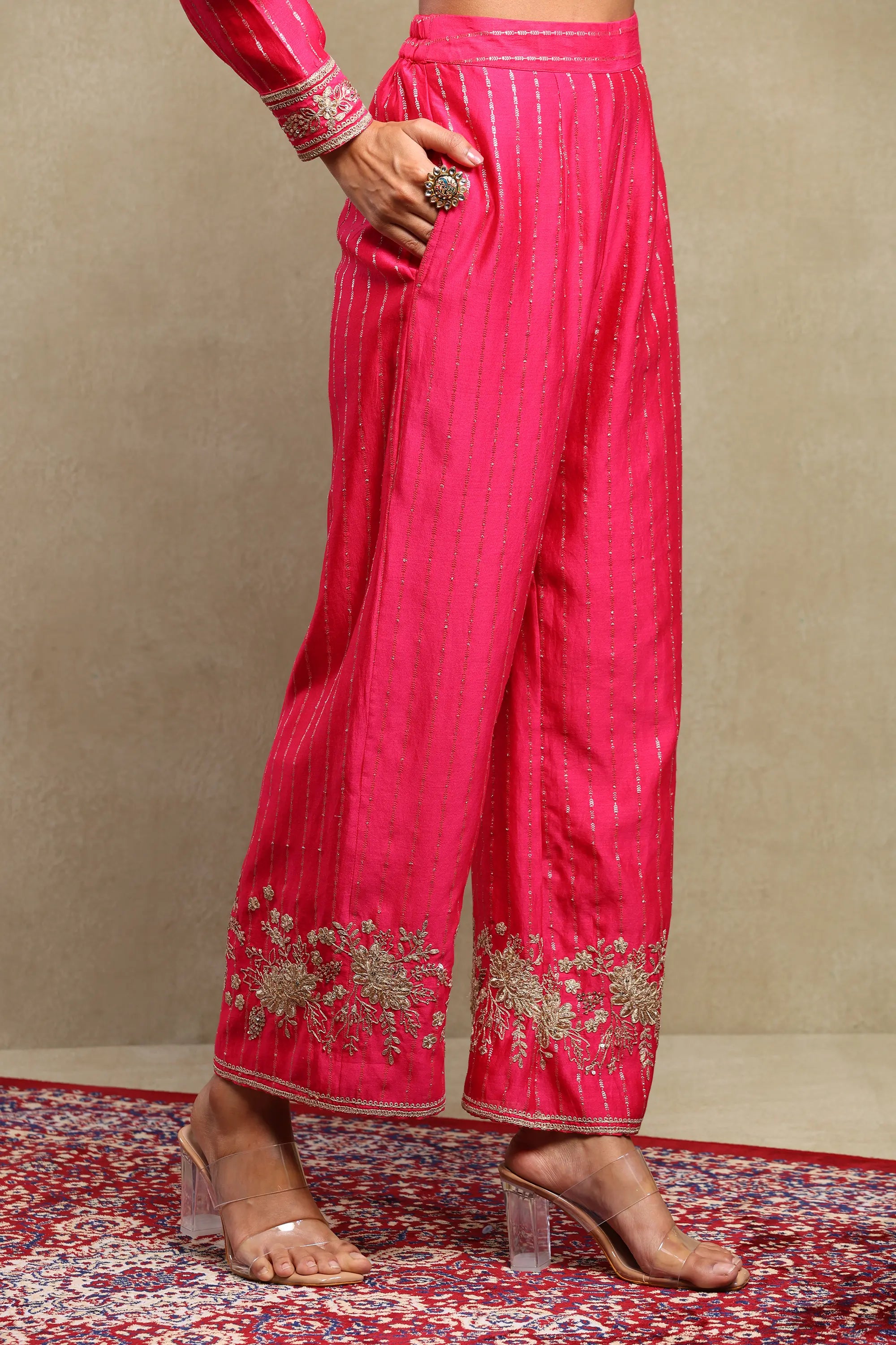 Aarvi Hot Pink Hand Embroidered Banarasi Zari Co-Ord Set
