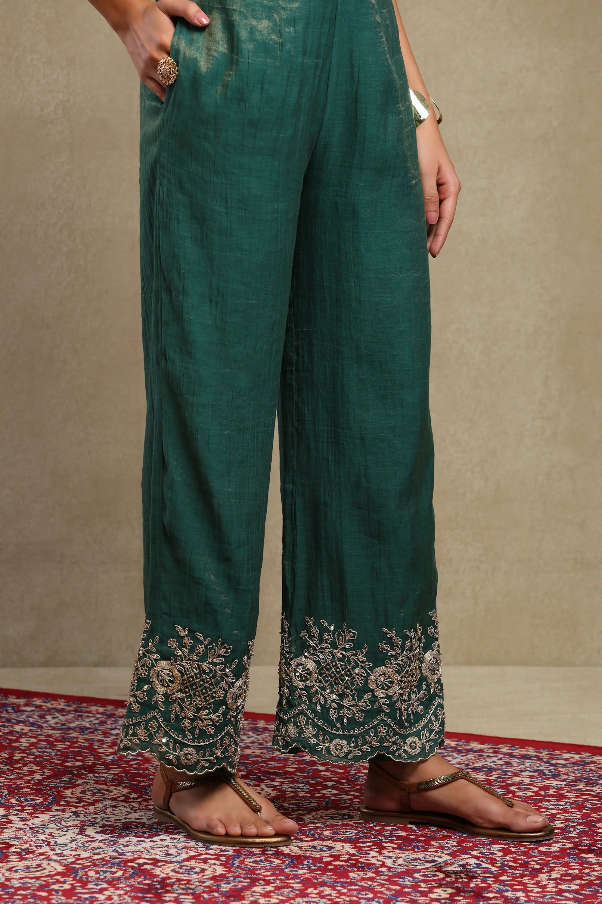 Aadya Emerald Green Hand Embroidered Tissue Chanderi Co-Ord Set