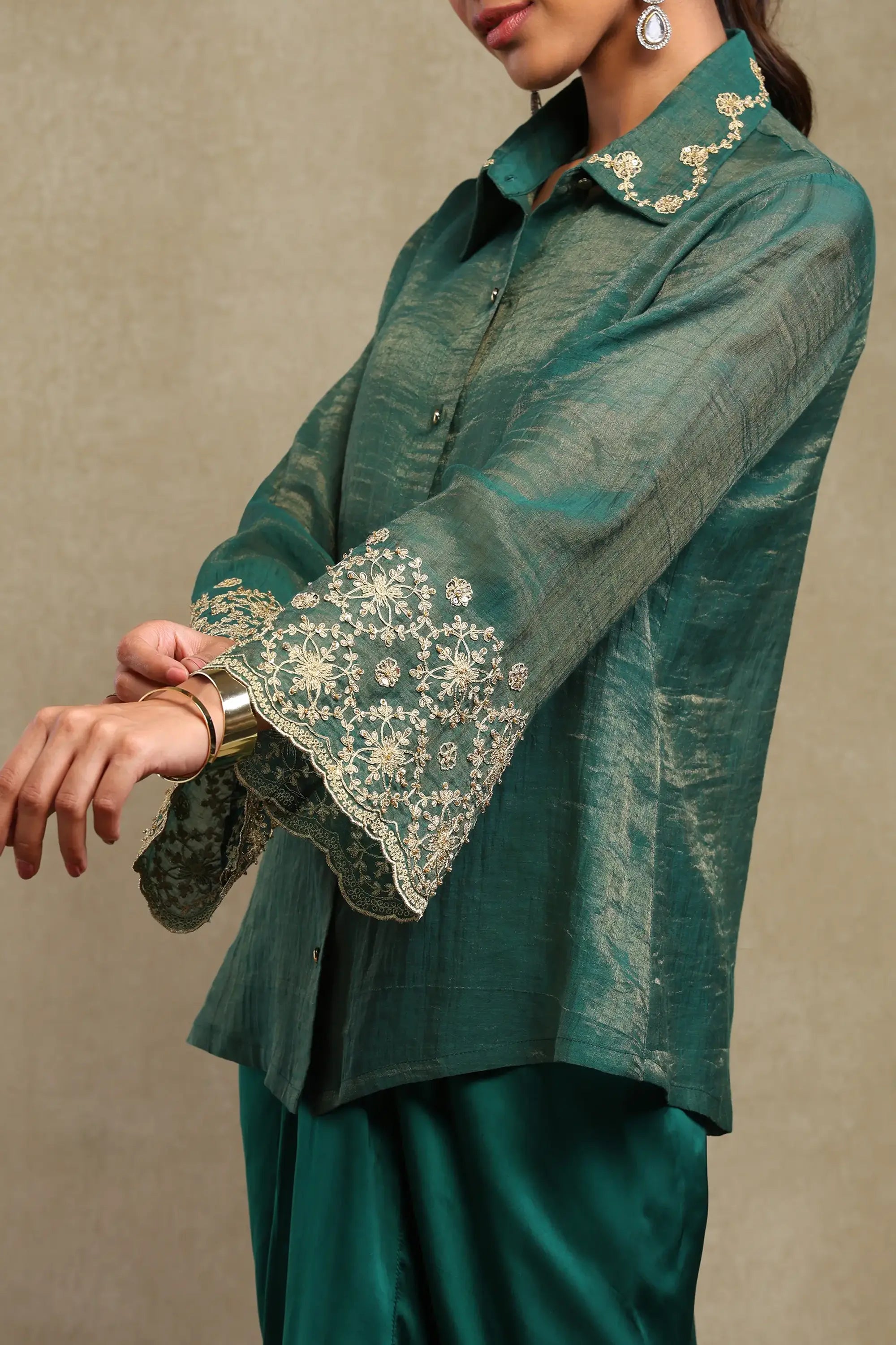 Elina Emerald Green Hand Embroidered Tissue Chanderi and Satin Skirt Set