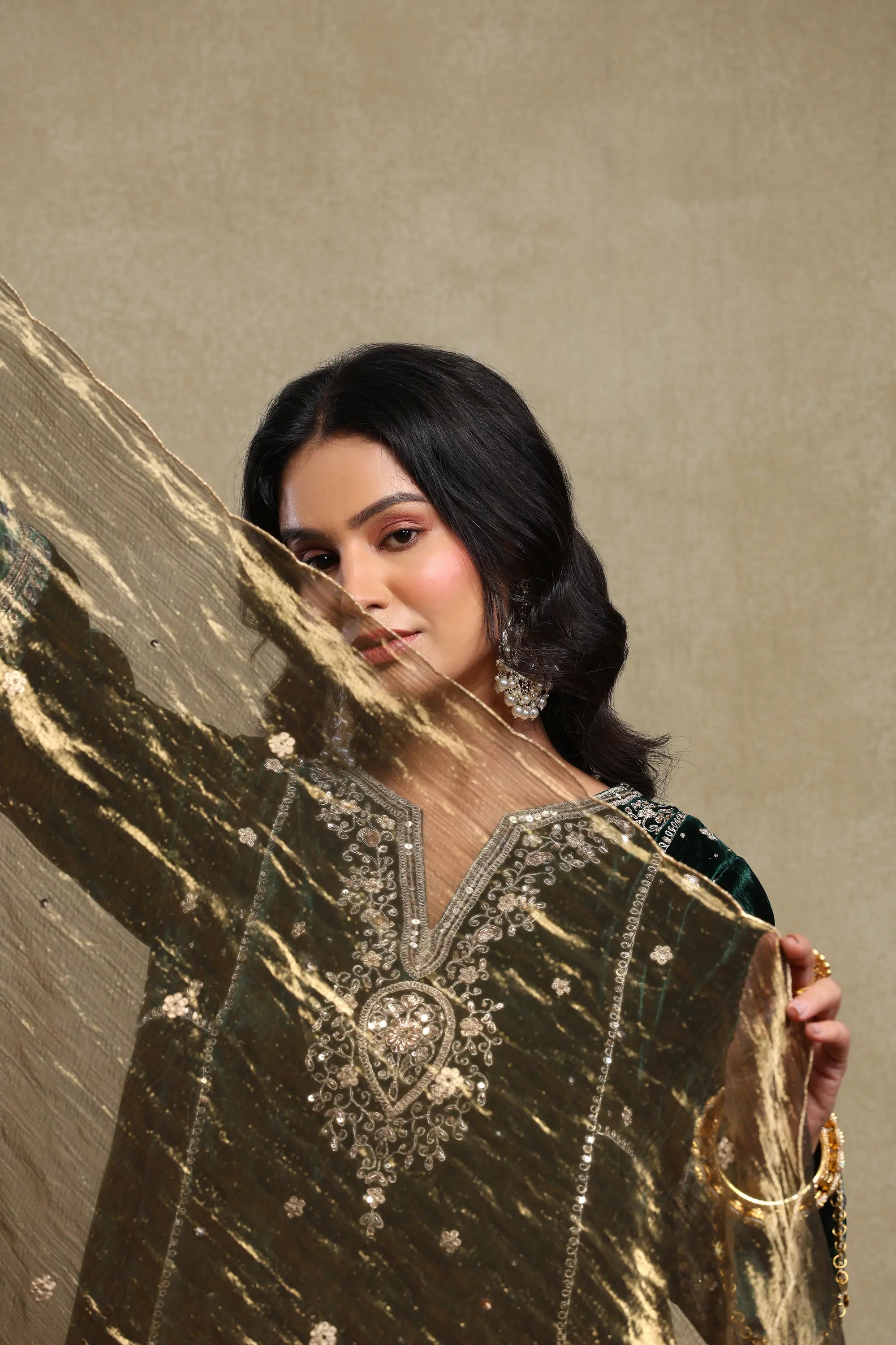 Sahira Forest Green Embroidered Silk Velvet A-Line Kurta Set