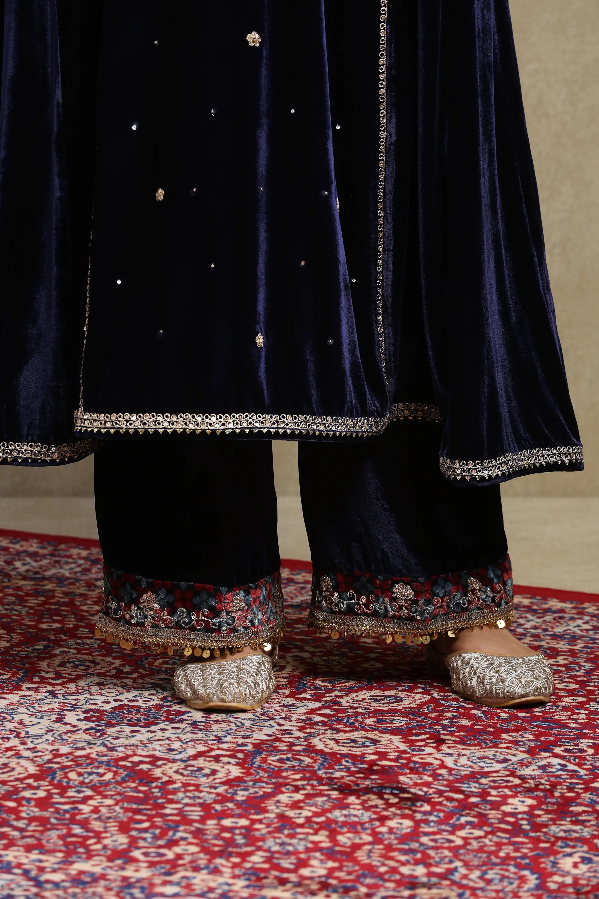Sahira Navy Blue Embroidered Silk Velvet A-Line Kurta Set
