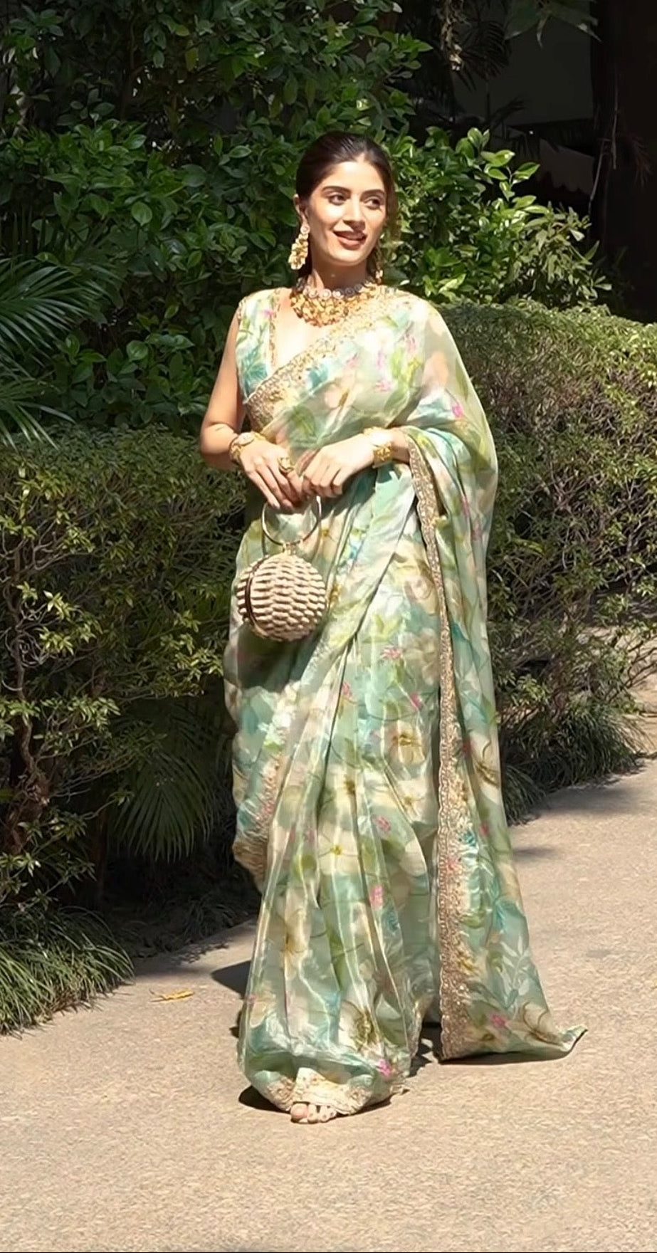 Vridhi Jain in Adira Turquiose Floral Printed Luxe Organza Saree