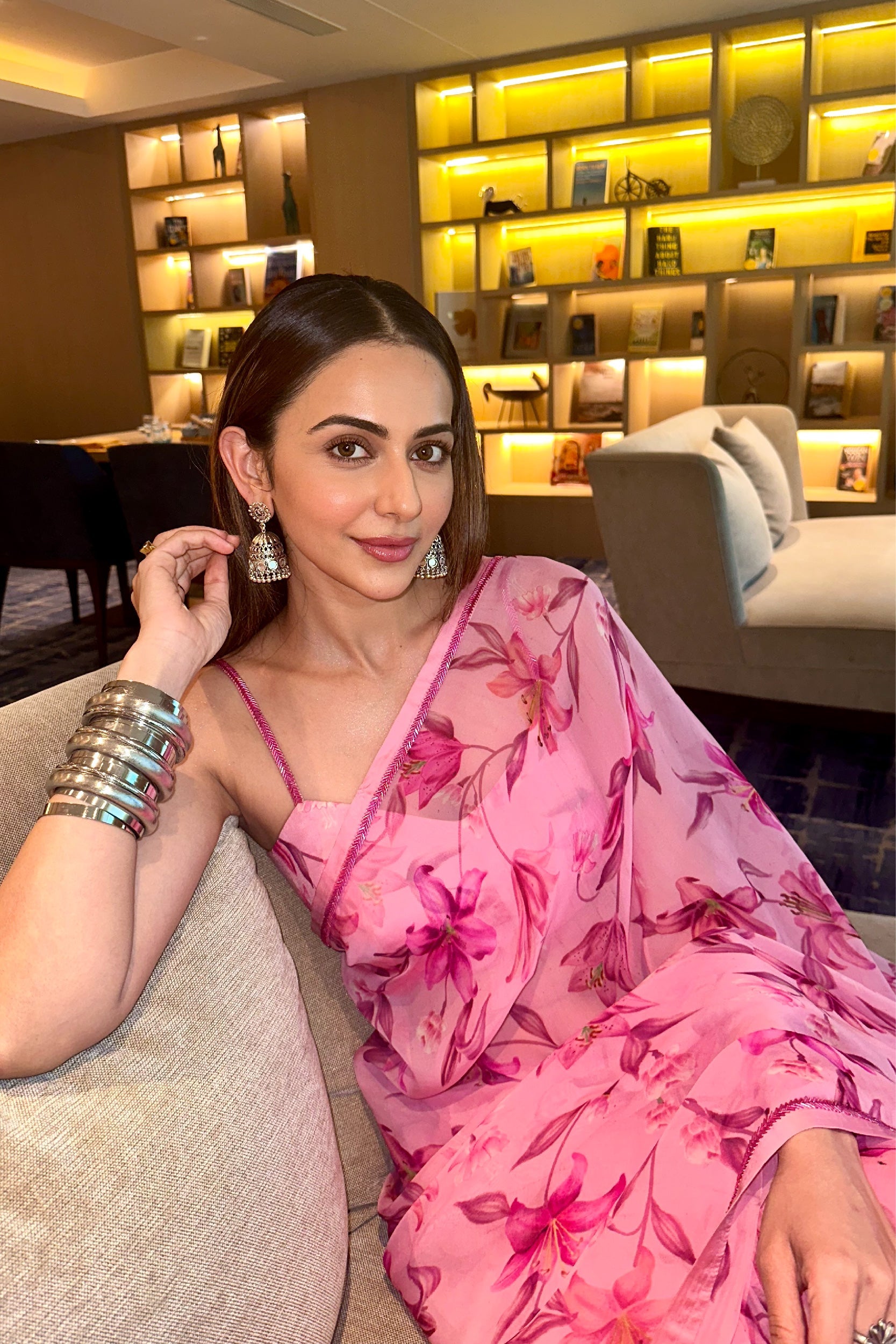 RAKULPREET SINGH IN ALIYA PINK FLORAL PRINTED HANDCRAFTED ORGANZA SAREE