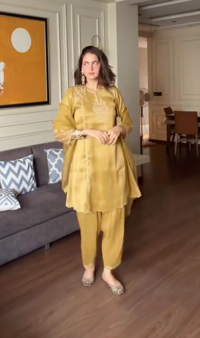 Amitha Sharma IN Nurah Tissue Embroidered Mustard A-Line Kurta Set