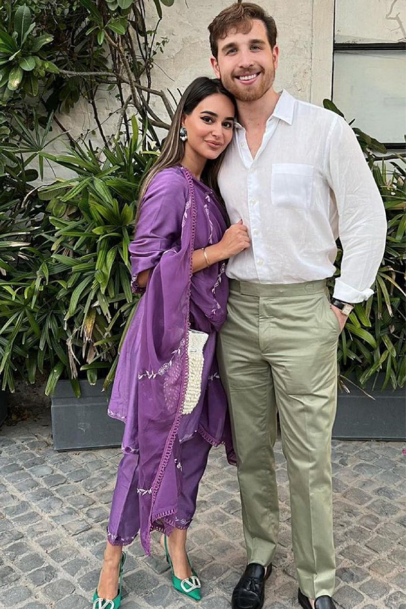 ARUSHI MEHRA IN FIZA PURPLE SILK CHANDERI HANDCRAFTED A-LINE SHORT KURTA SET