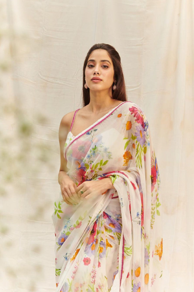 ARZOO WHITE FLORAL PRINTED ORGANZA SAREE