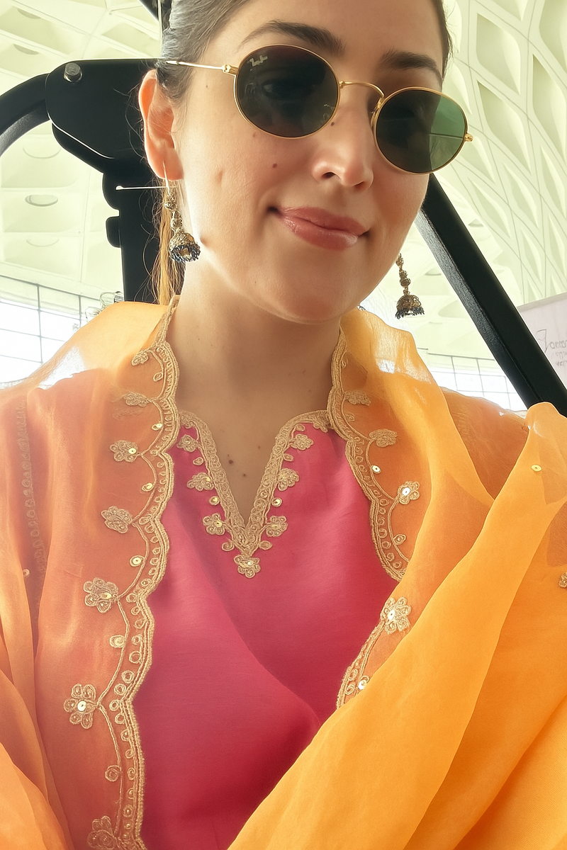 YAMI GAUTAM IN SAMIYA PINK COTTON SILK CHANDERI EMBROIDERED HANDCRAFTED KURTA SET