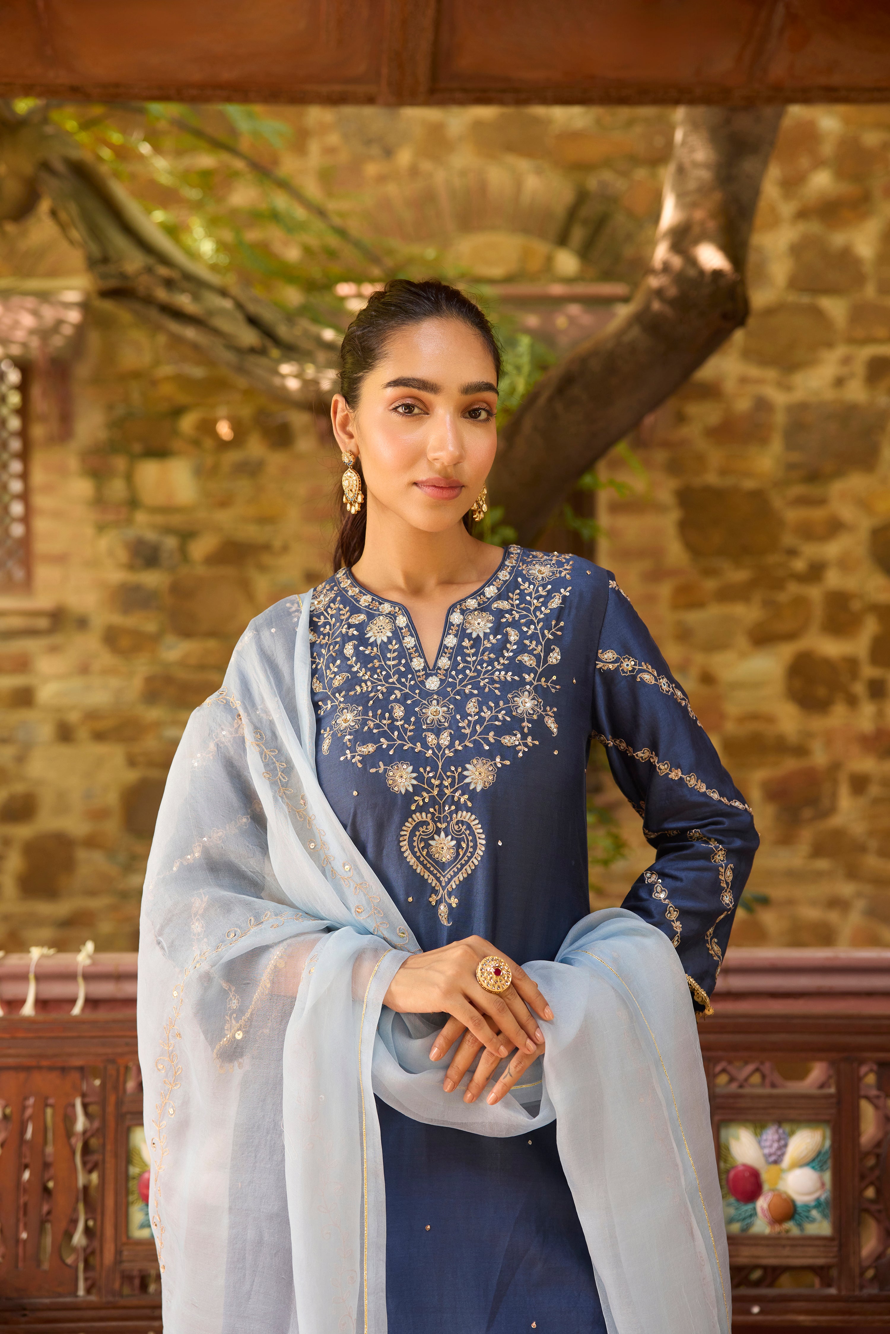 Zeenat Silk Chanderi Embroidered Prussian Blue Straight Kurta Set
