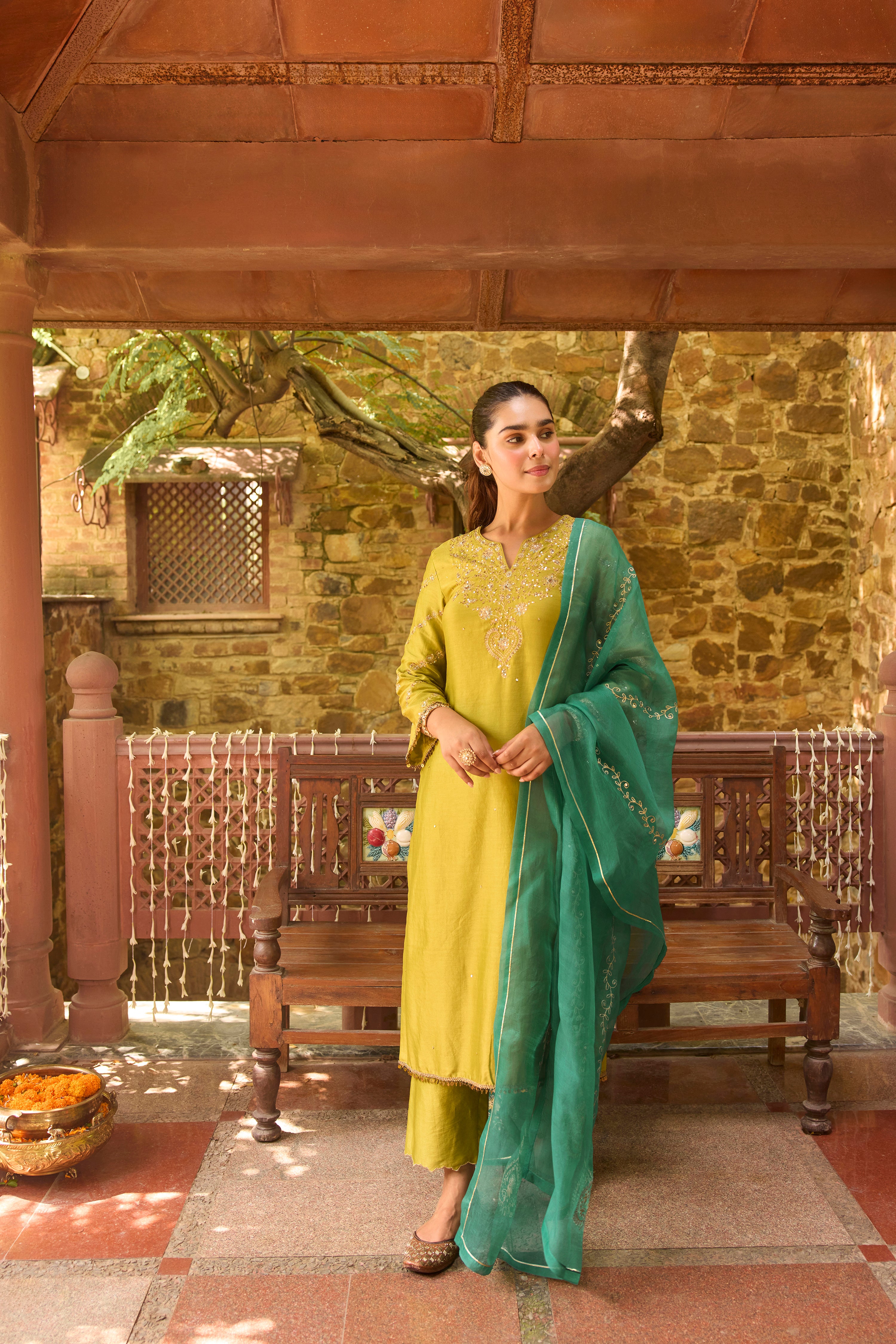 Zeenat Silk Chanderi Embroidered Apple Green Straight Kurta Set
