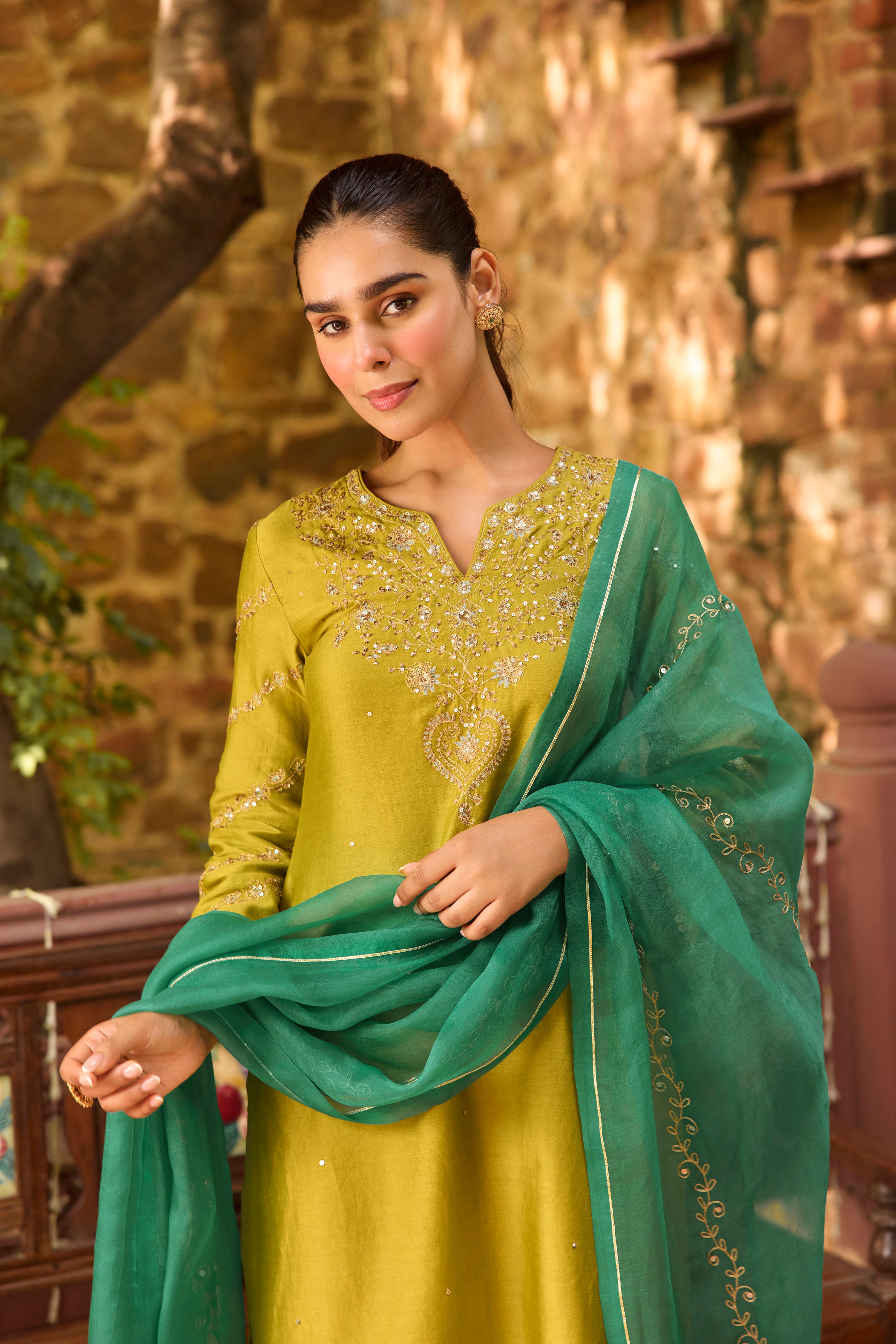 Zeenat Silk Chanderi Embroidered Apple Green Straight Kurta Set