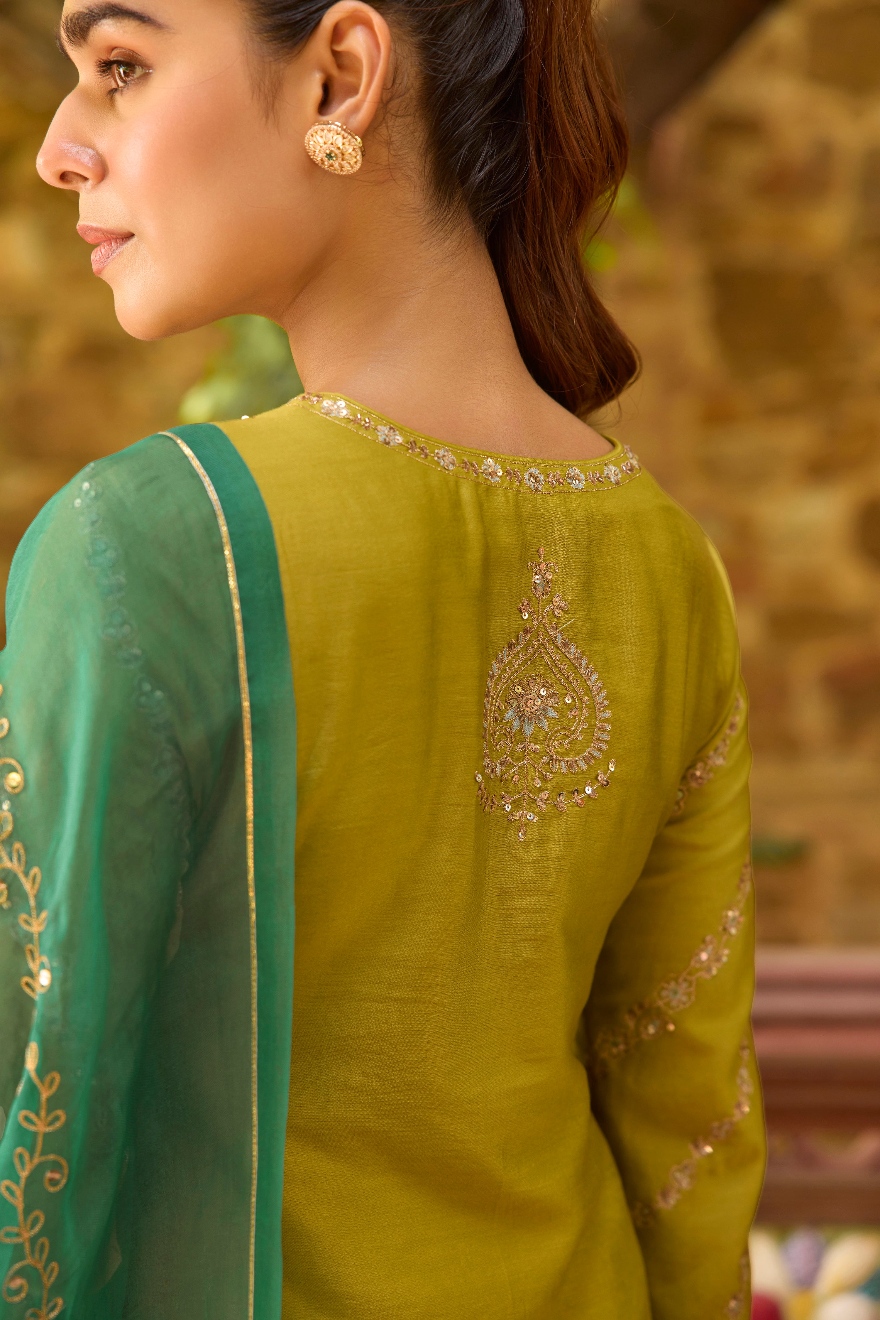 Zeenat Silk Chanderi Embroidered Apple Green Straight Kurta Set