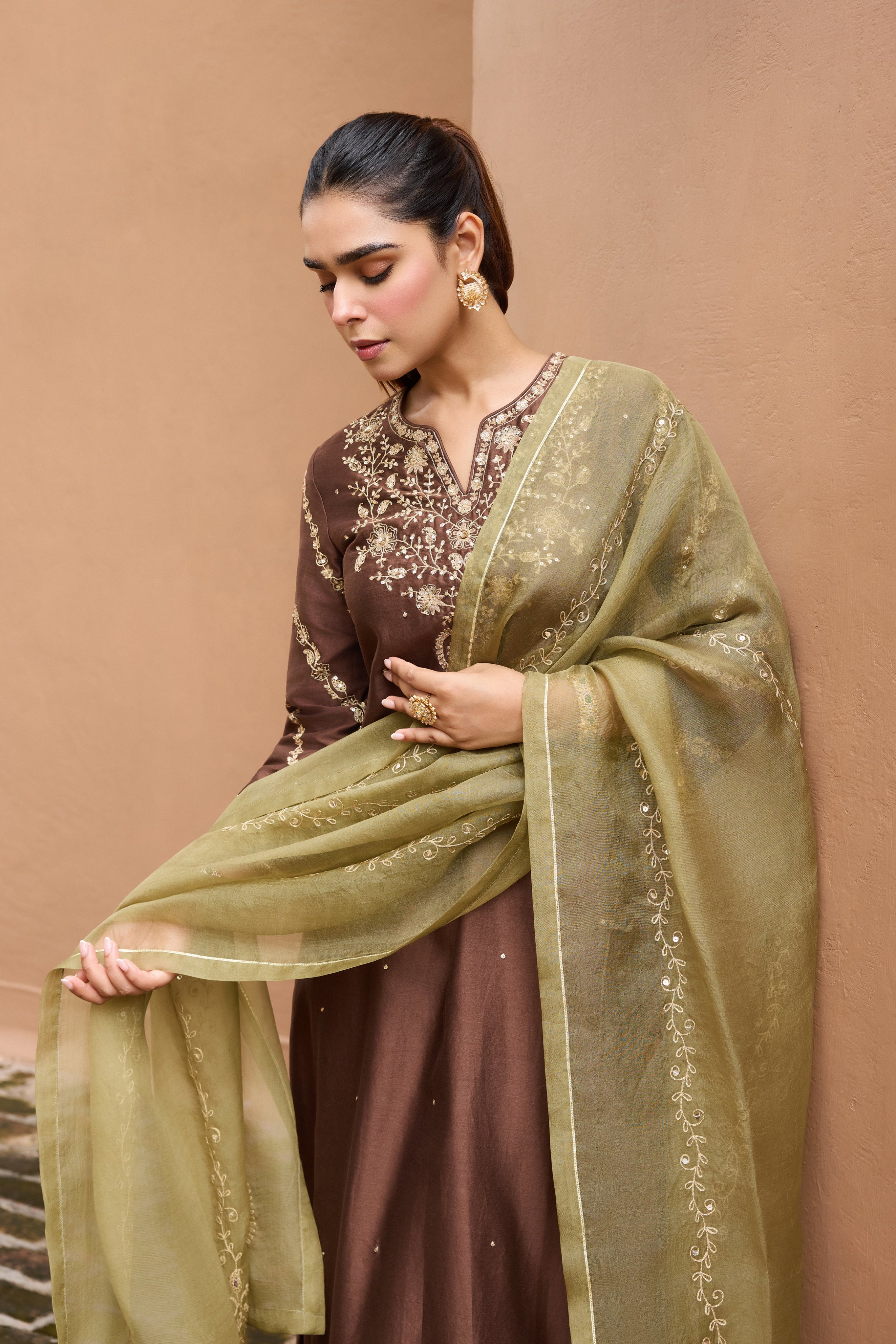 Zeenat Silk Chanderi Embroidered Mocha Mousse Straight Kurta Set