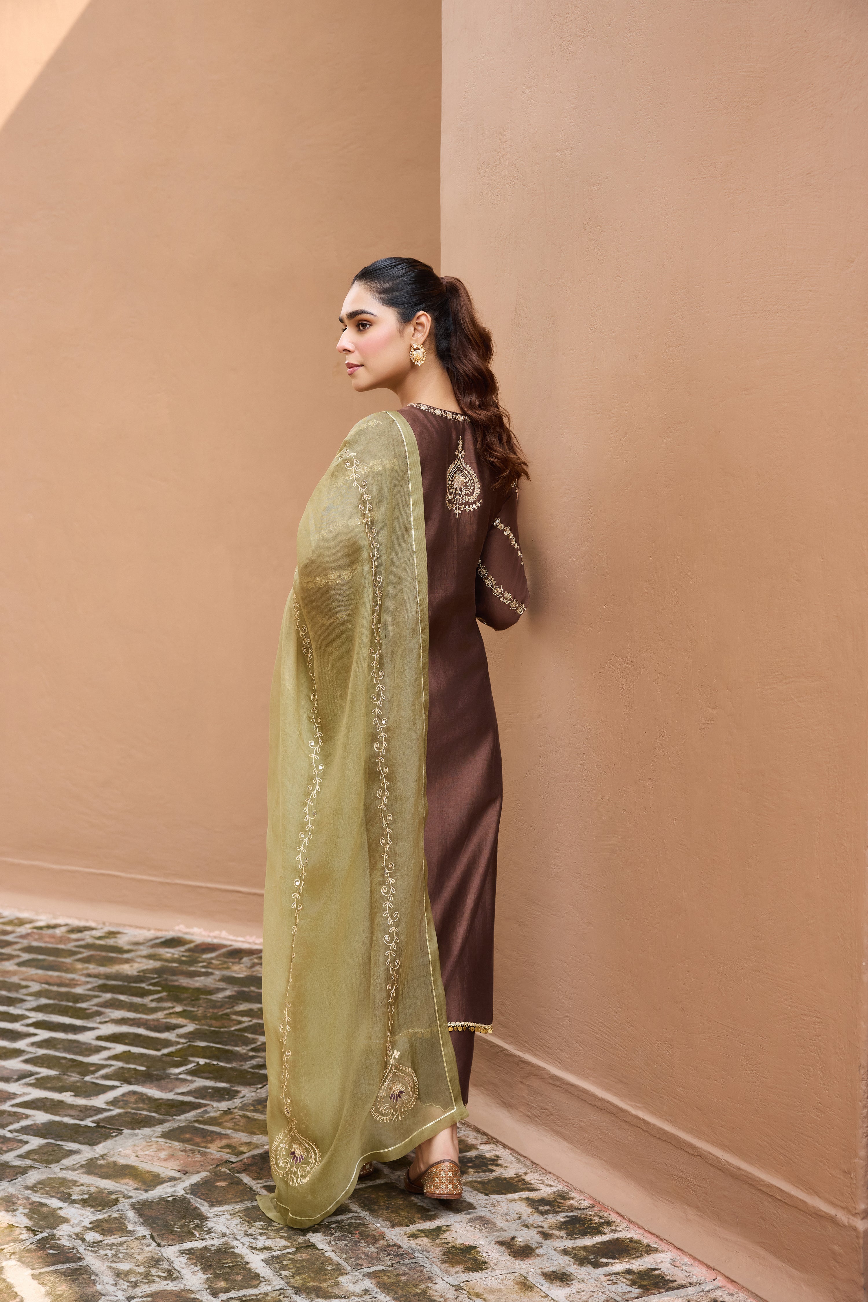 Zeenat Silk Chanderi Embroidered Mocha Mousse Straight Kurta Set