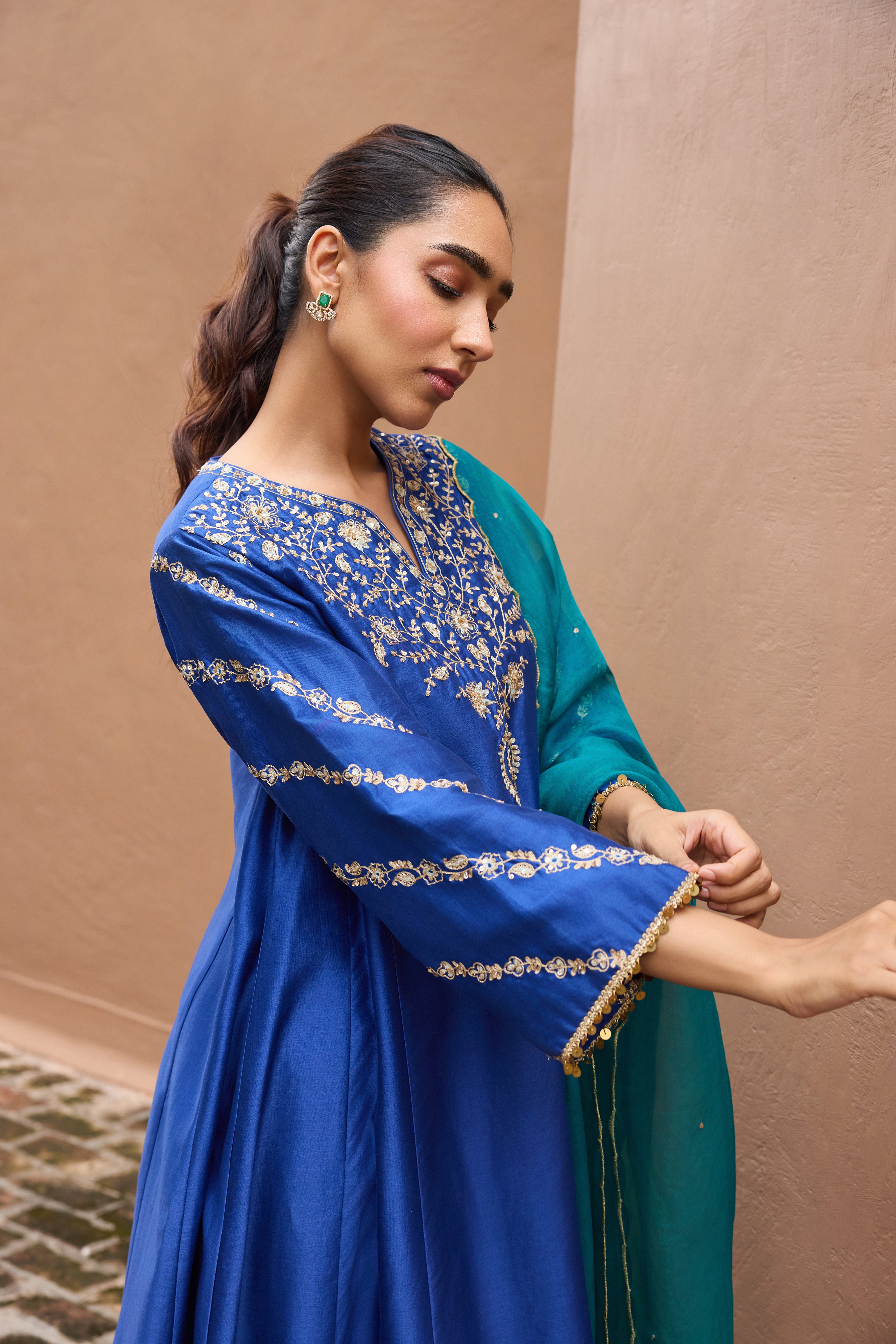 Sitarah Silk Chanderi Embroidered Royal Blue A-Line Choga Set