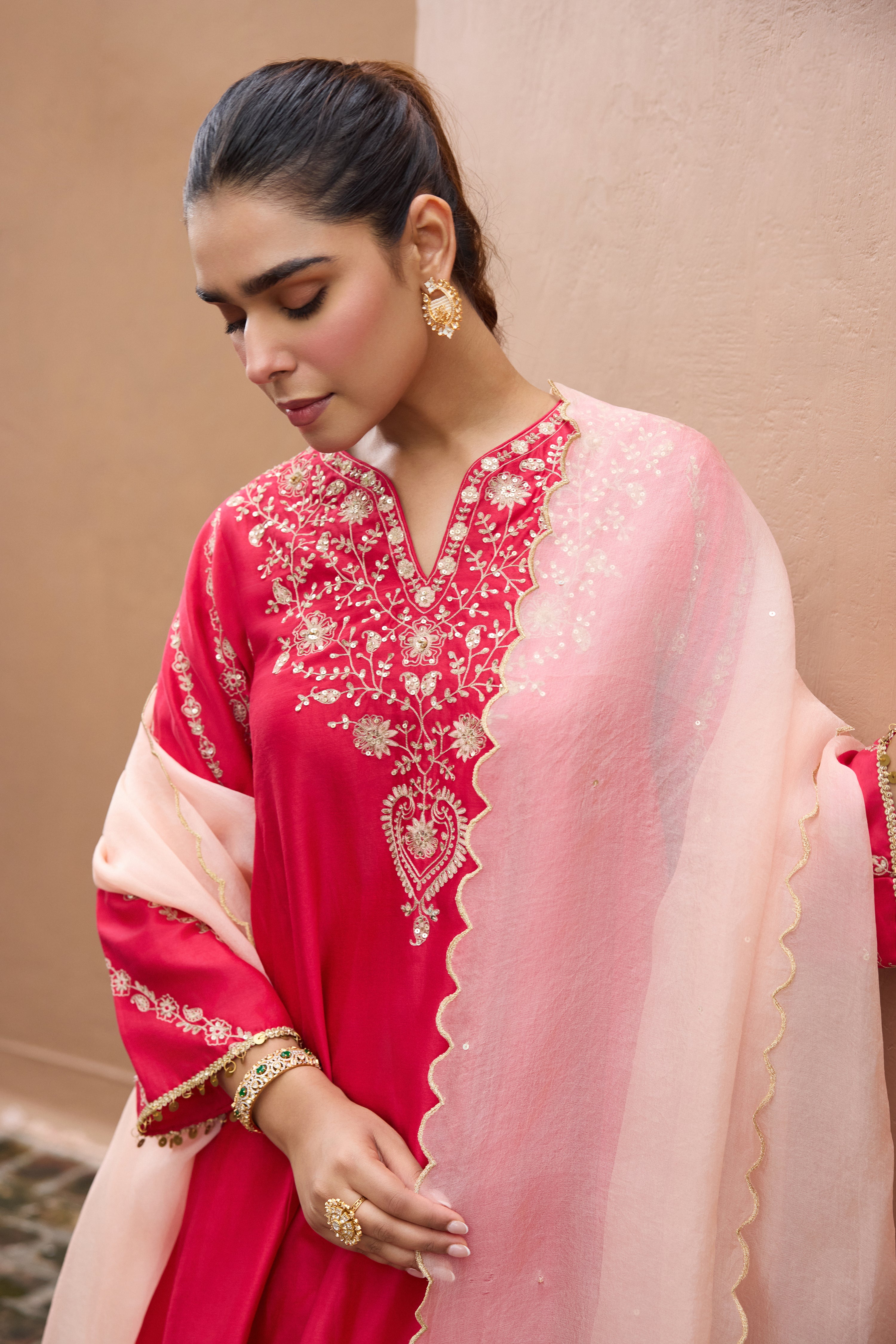 Sitarah Silk Chanderi Embroidered Ruby A-Line Choga Set (Ready To Ship)