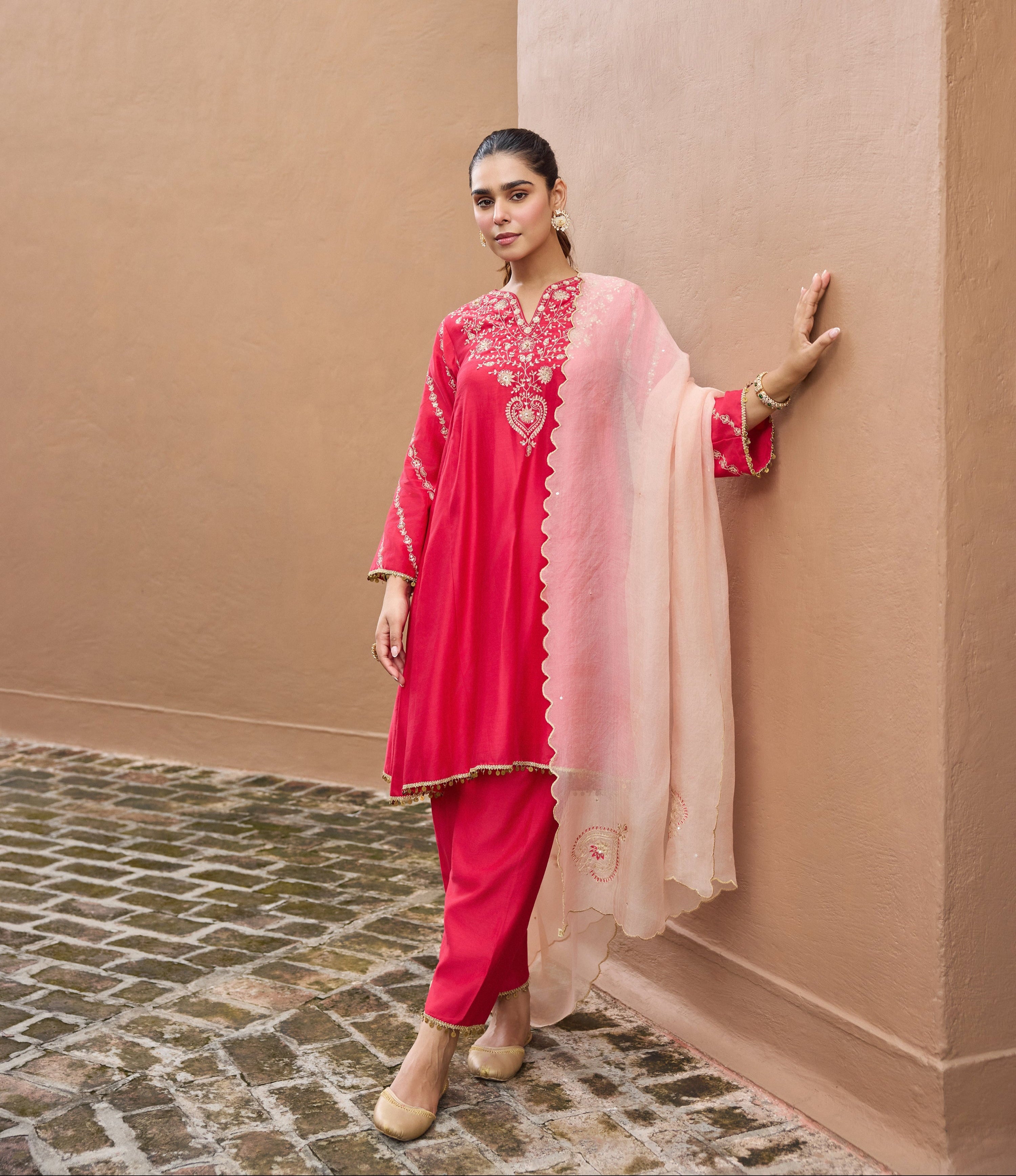 Sitarah Silk Chanderi Embroidered Ruby A-Line Choga Set (Ready To Ship)