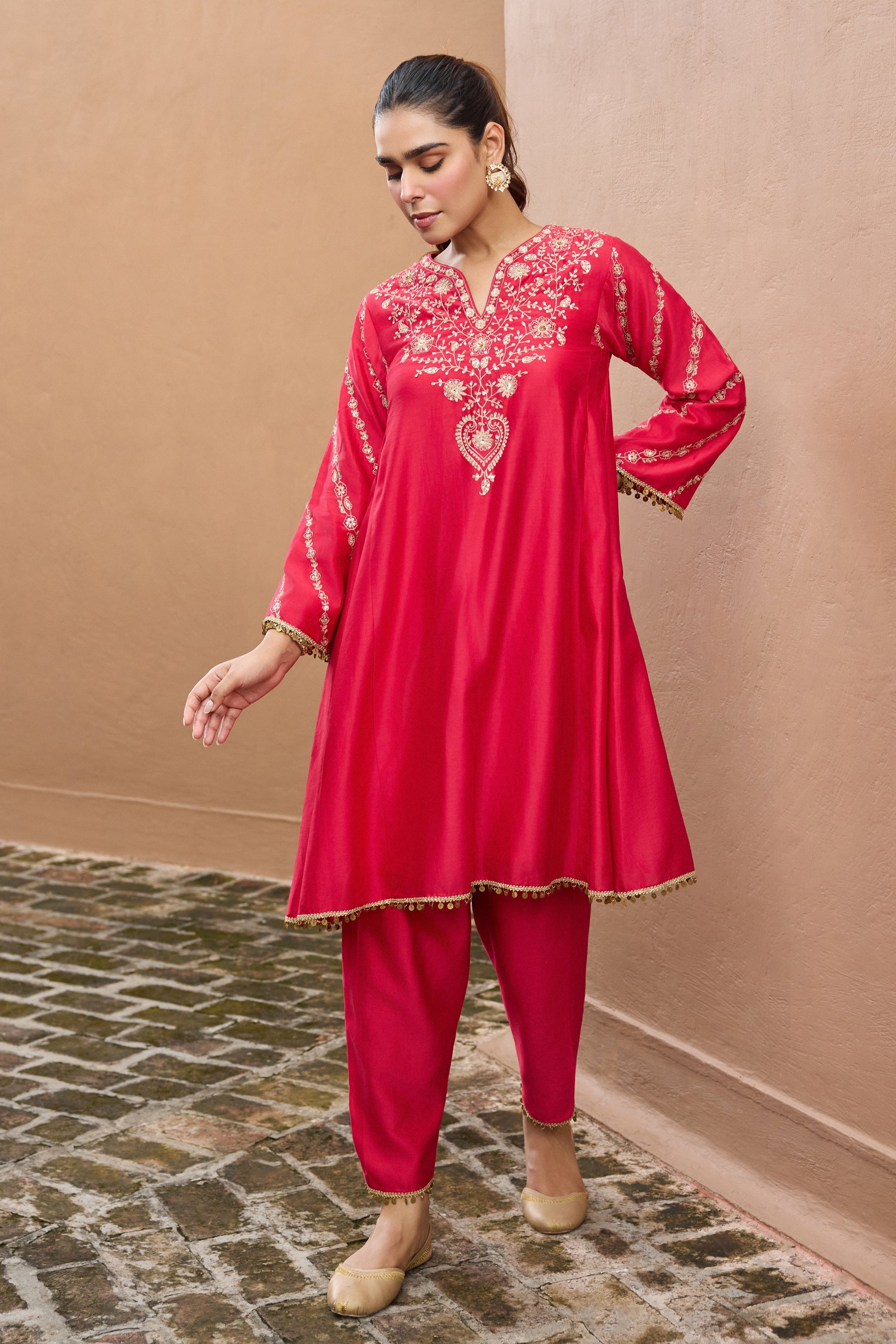 Sitarah Silk Chanderi Embroidered Ruby A-Line Choga Set (Ready To Ship)