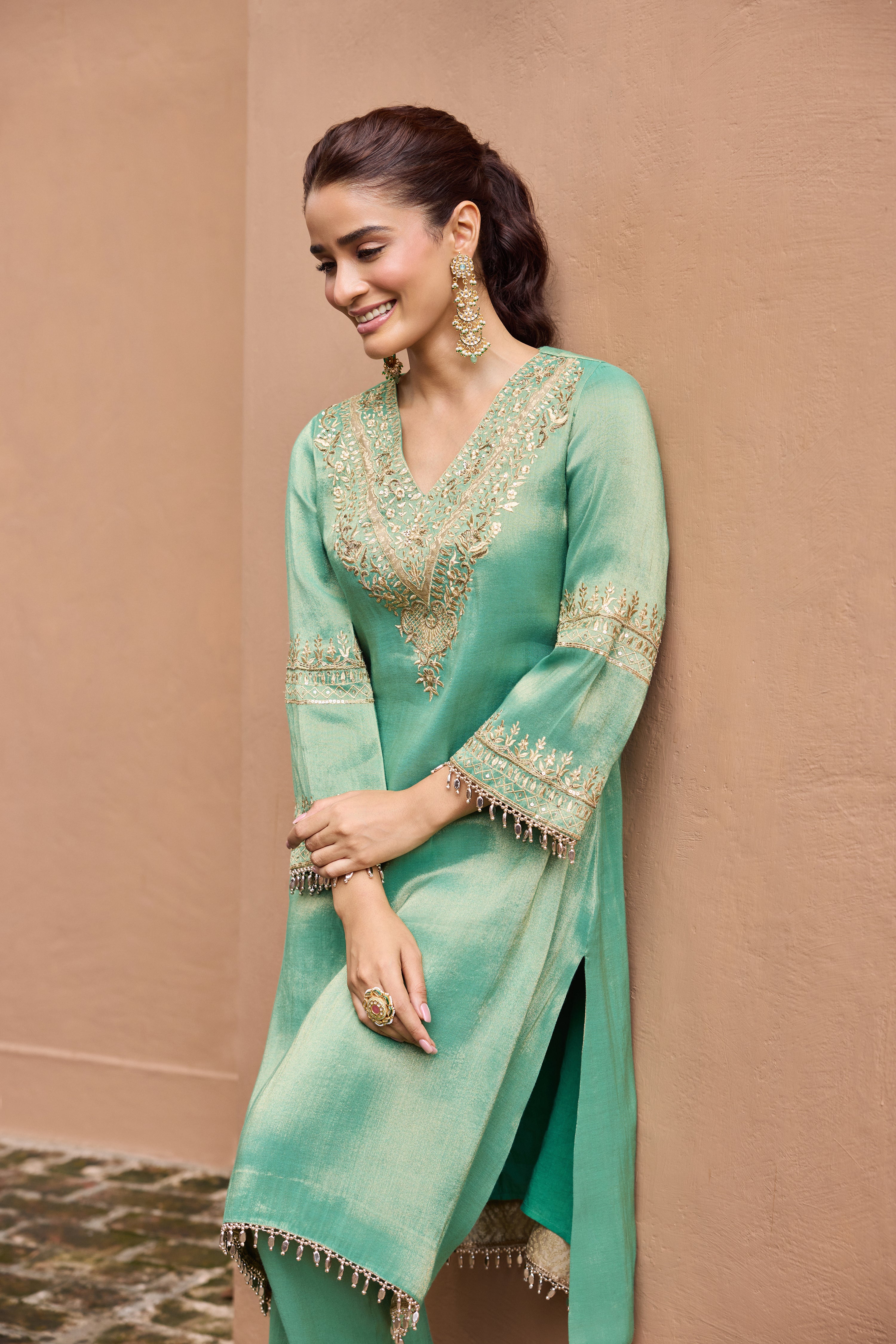 Sultana Tissue Embroidered Emerald Green High-Low Kurta Set
