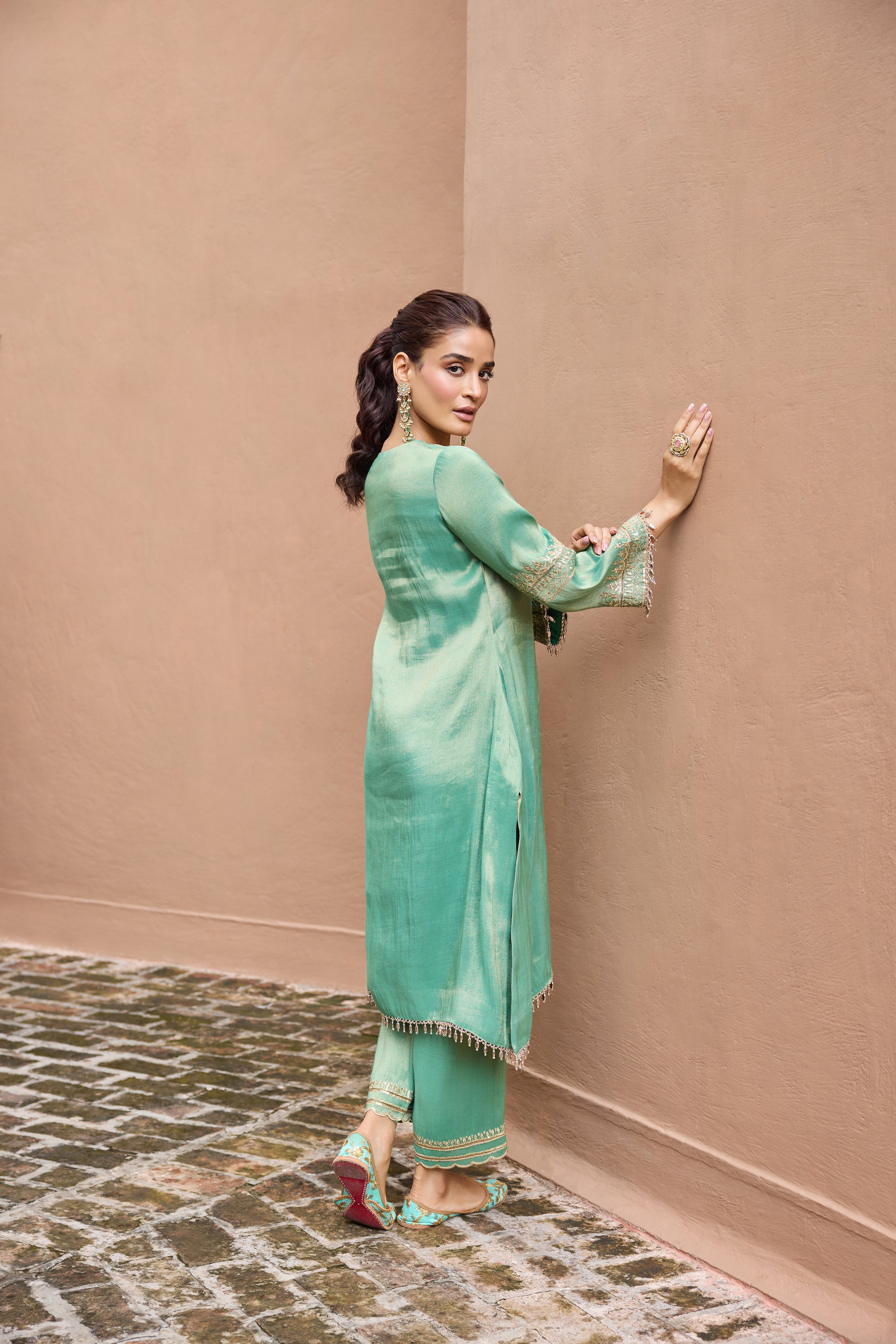 Sultana Tissue Embroidered Emerald Green High-Low Kurta Set