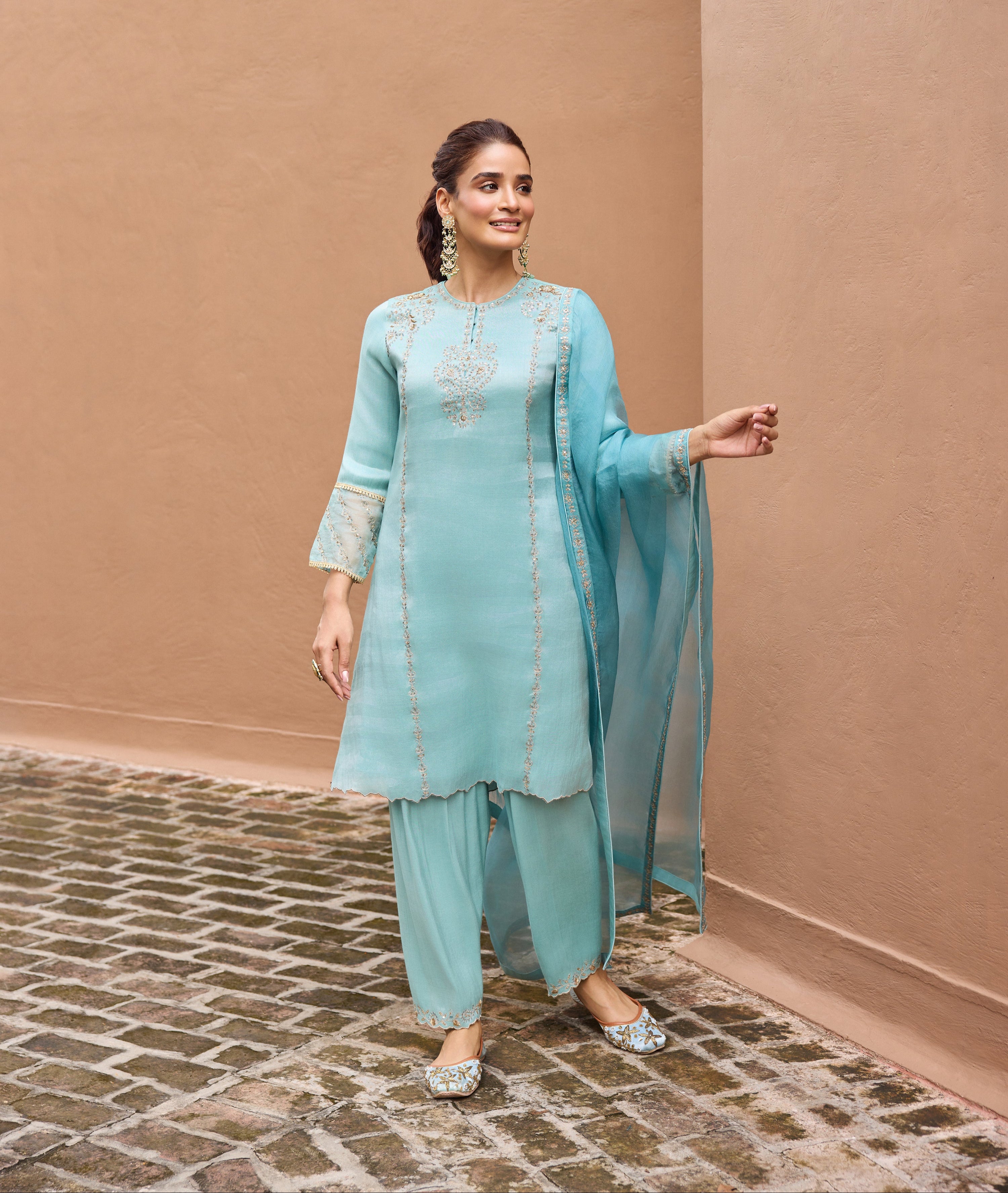 Nurah Tissue Embroidered Light Blue A-Line Kurta Set