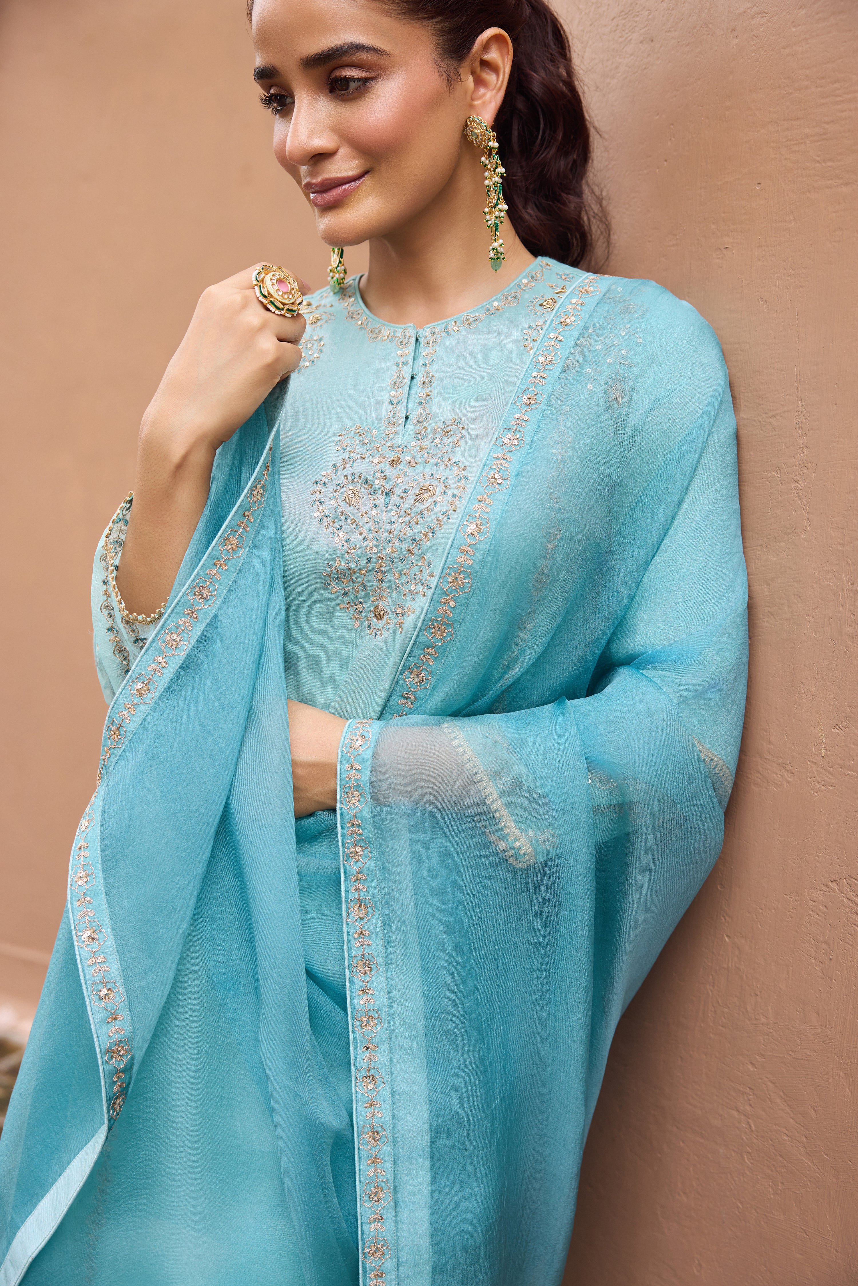 Nurah Tissue Embroidered Light Blue A-Line Kurta Set