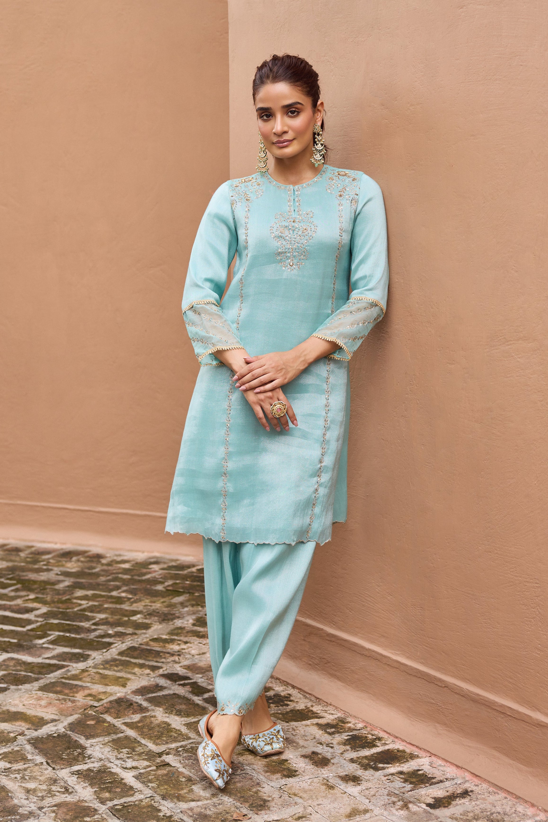 Nurah Tissue Embroidered Light Blue A-Line Kurta Set