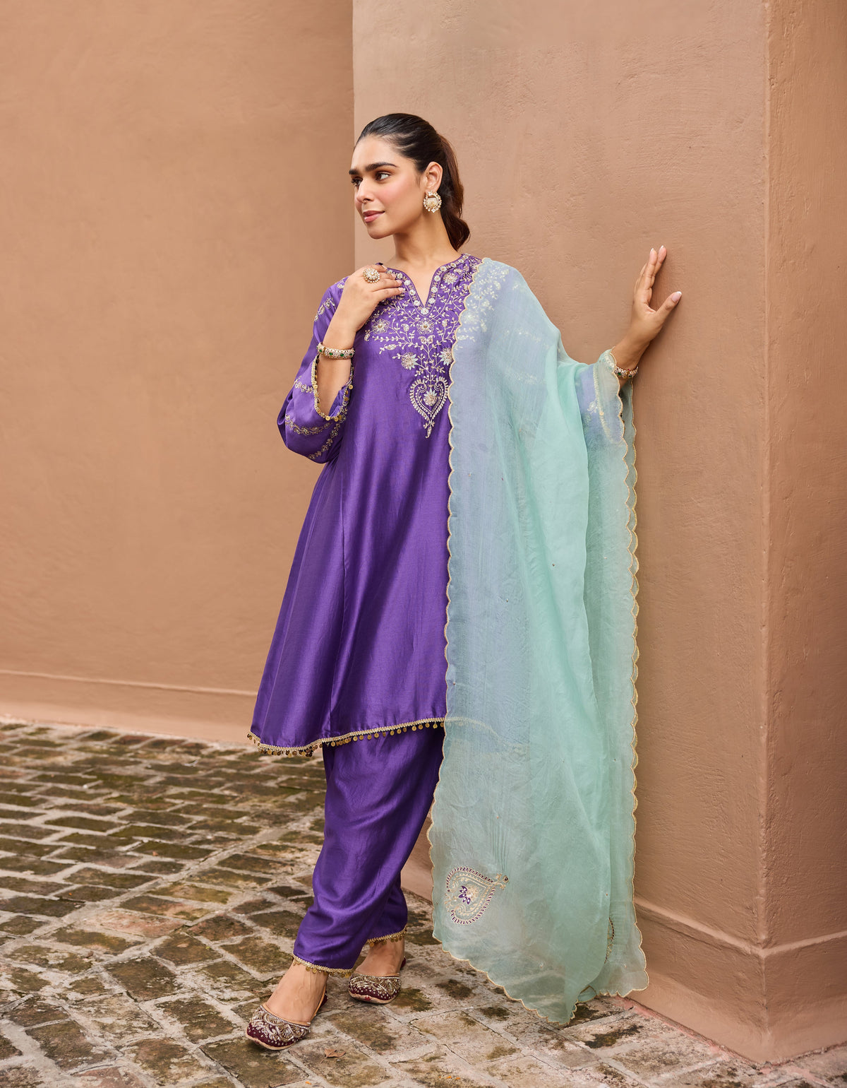 Sitarah Silk Chanderi Embroidered Purple A-Line Choga Set