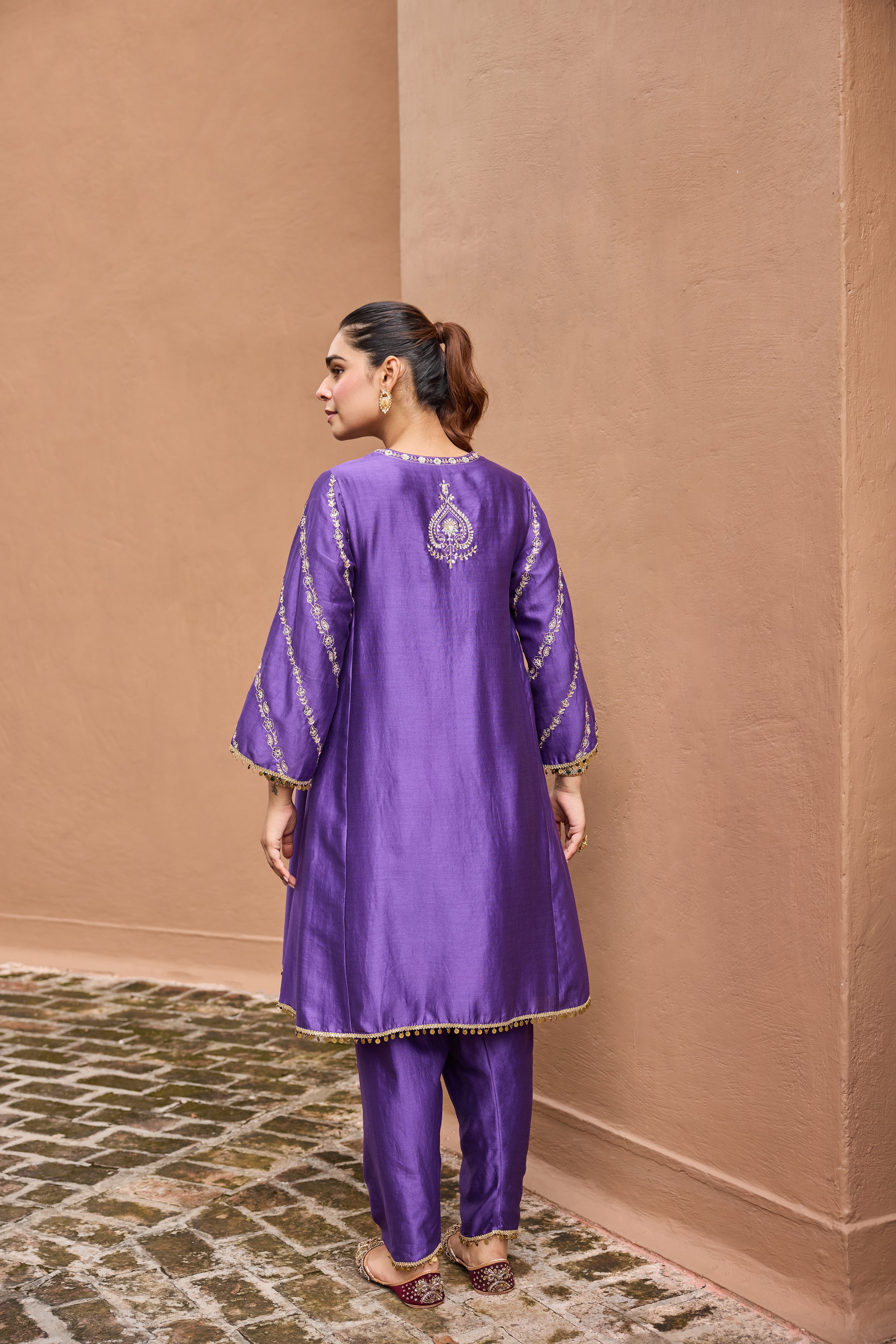 Sitarah Silk Chanderi Embroidered Purple A-Line Choga Set