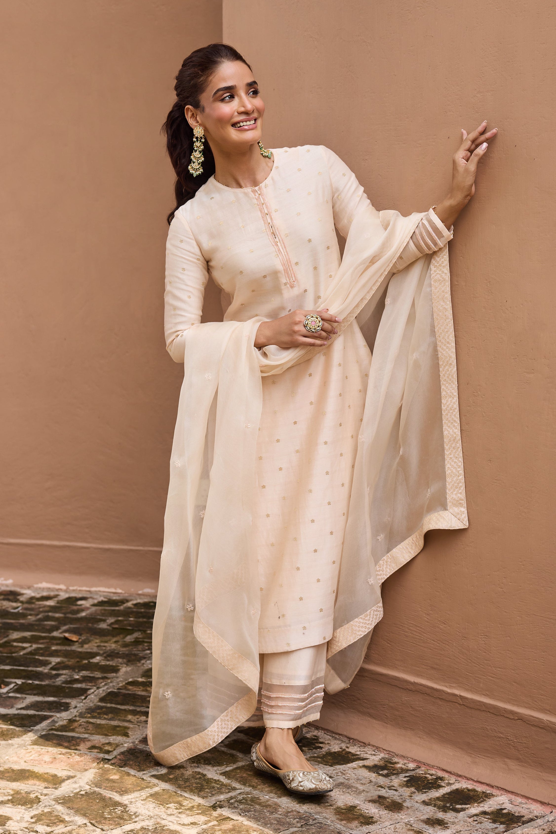 Chand Jacquard Silk Chanderi Embroidered Cream Straight Kurta Set