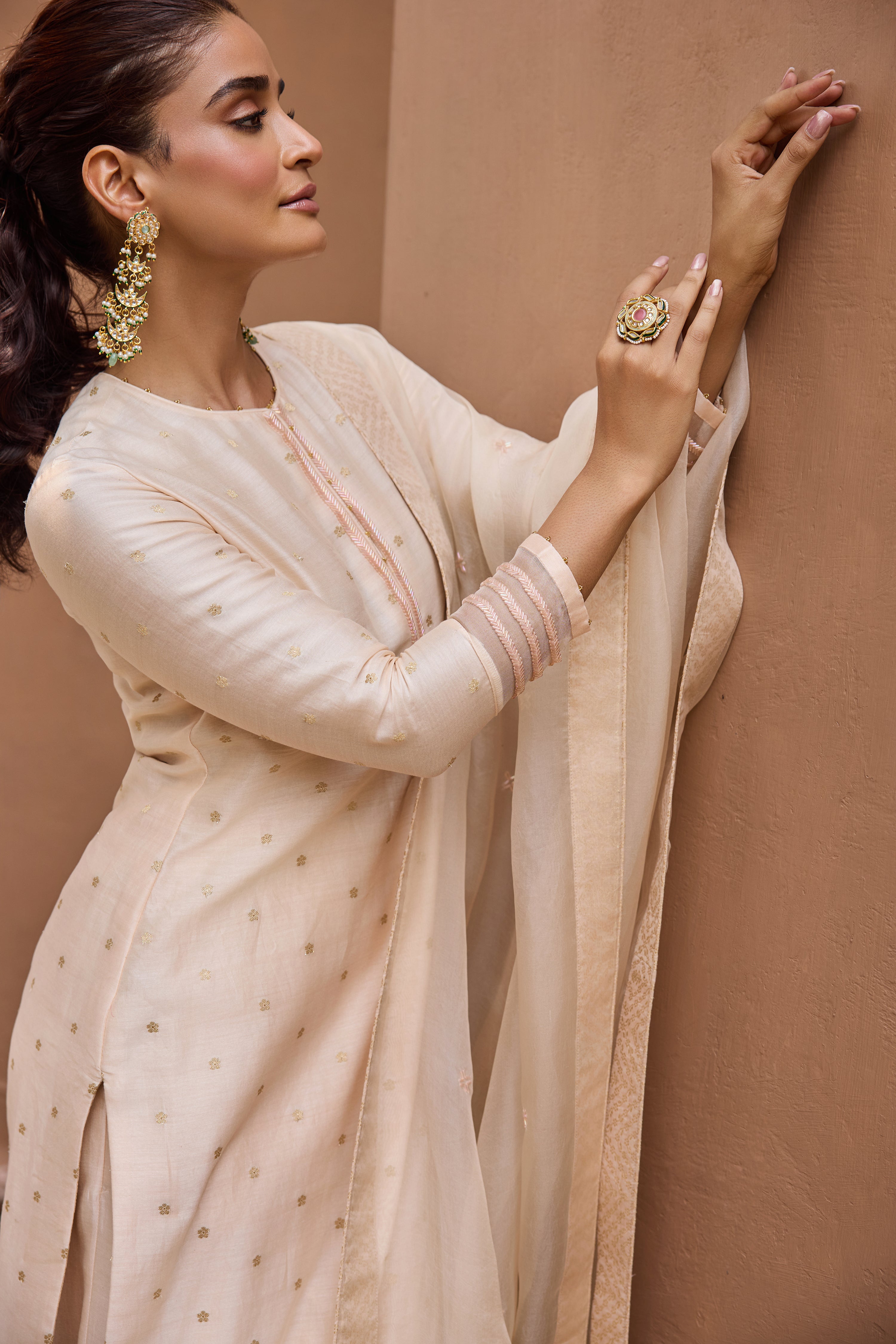Chand Jacquard Silk Chanderi Embroidered Cream Straight Kurta Set