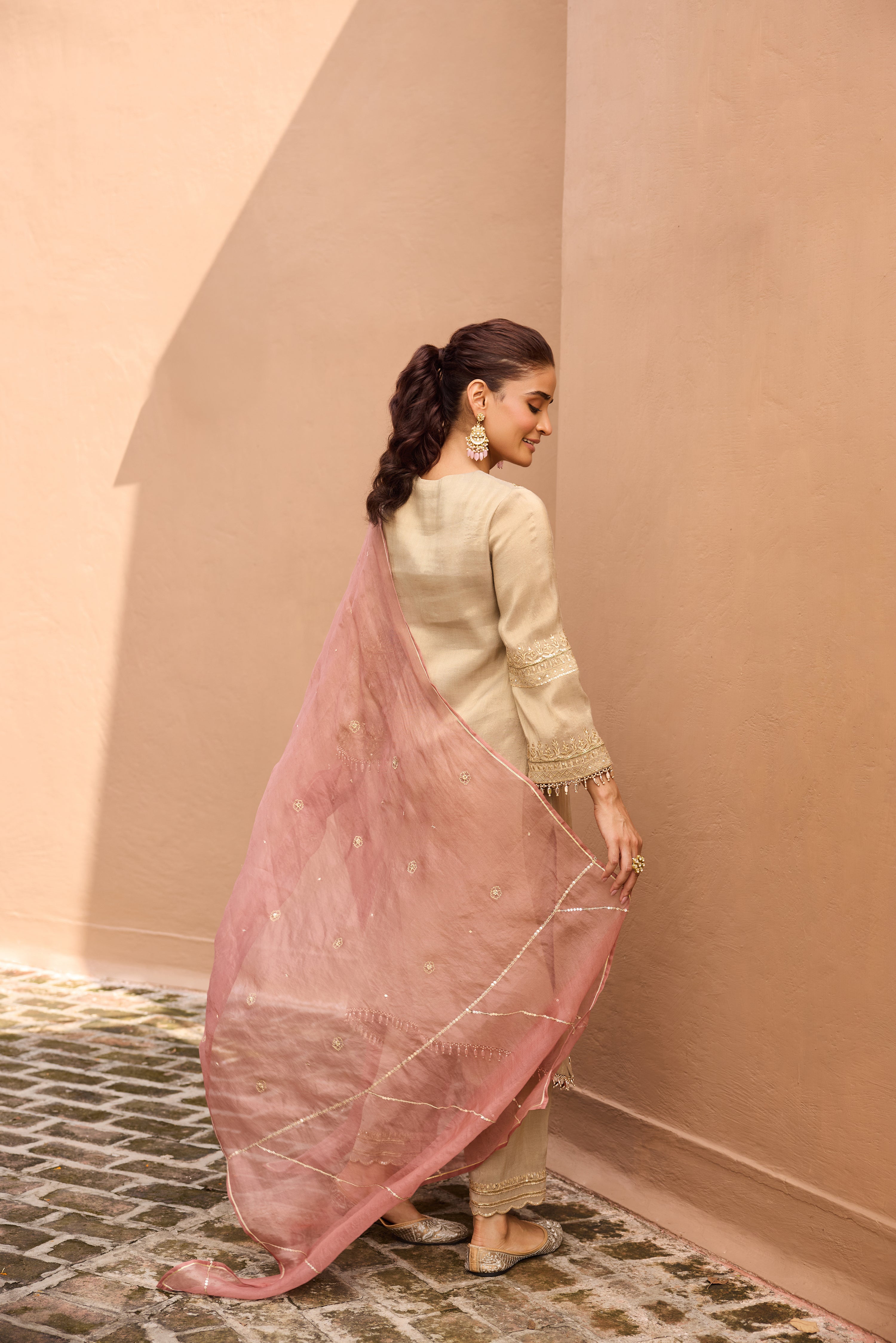 Sultana Tissue Embroidered Crystal Grey High-Low Kurta Set (READY TO SHIP)