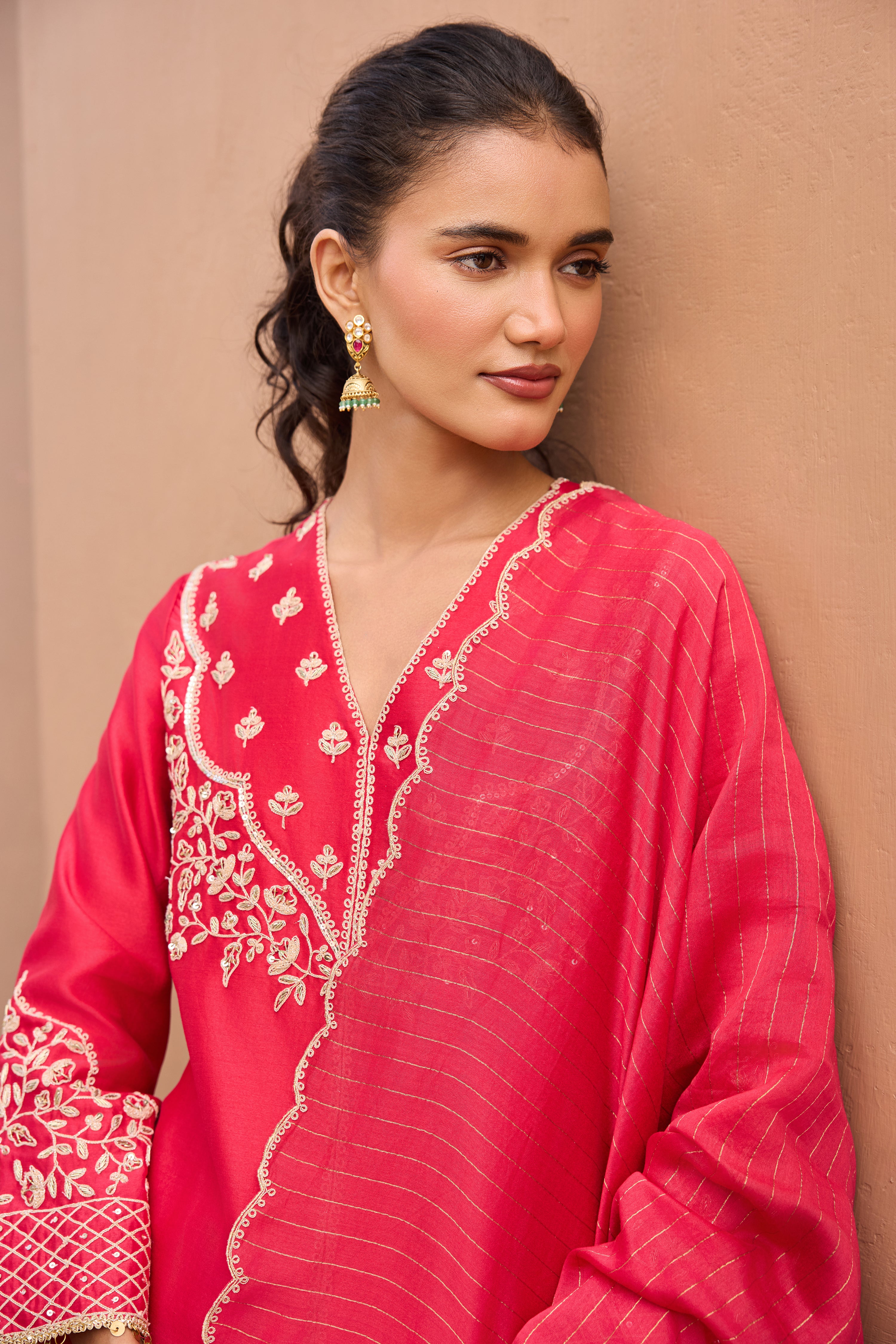 Falak Silk Chanderi Embroidered Ruby Pink Straight Kurta Set (READY TO SHIP)