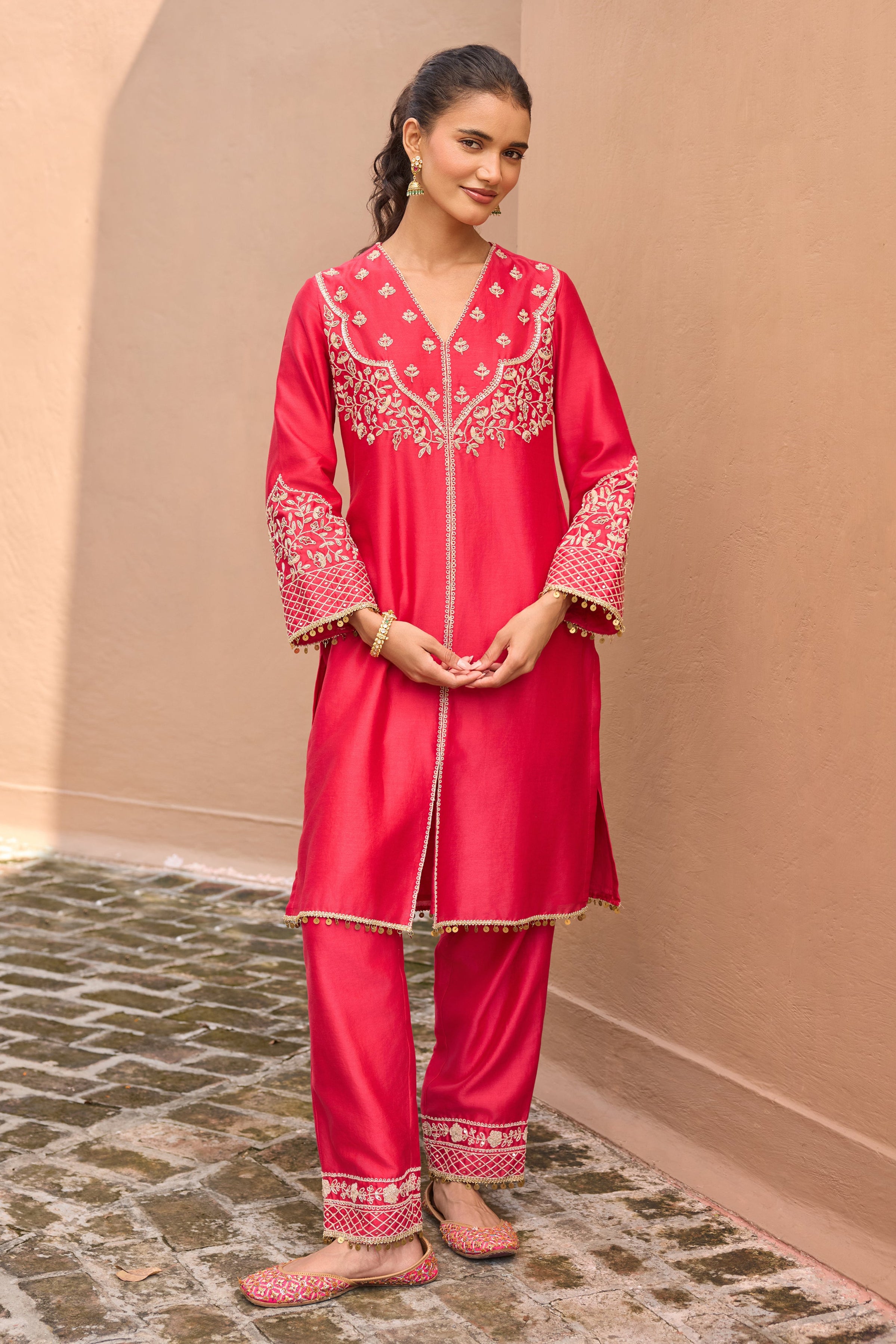 Falak Silk Chanderi Embroidered Ruby Pink Straight Kurta Set (READY TO SHIP)