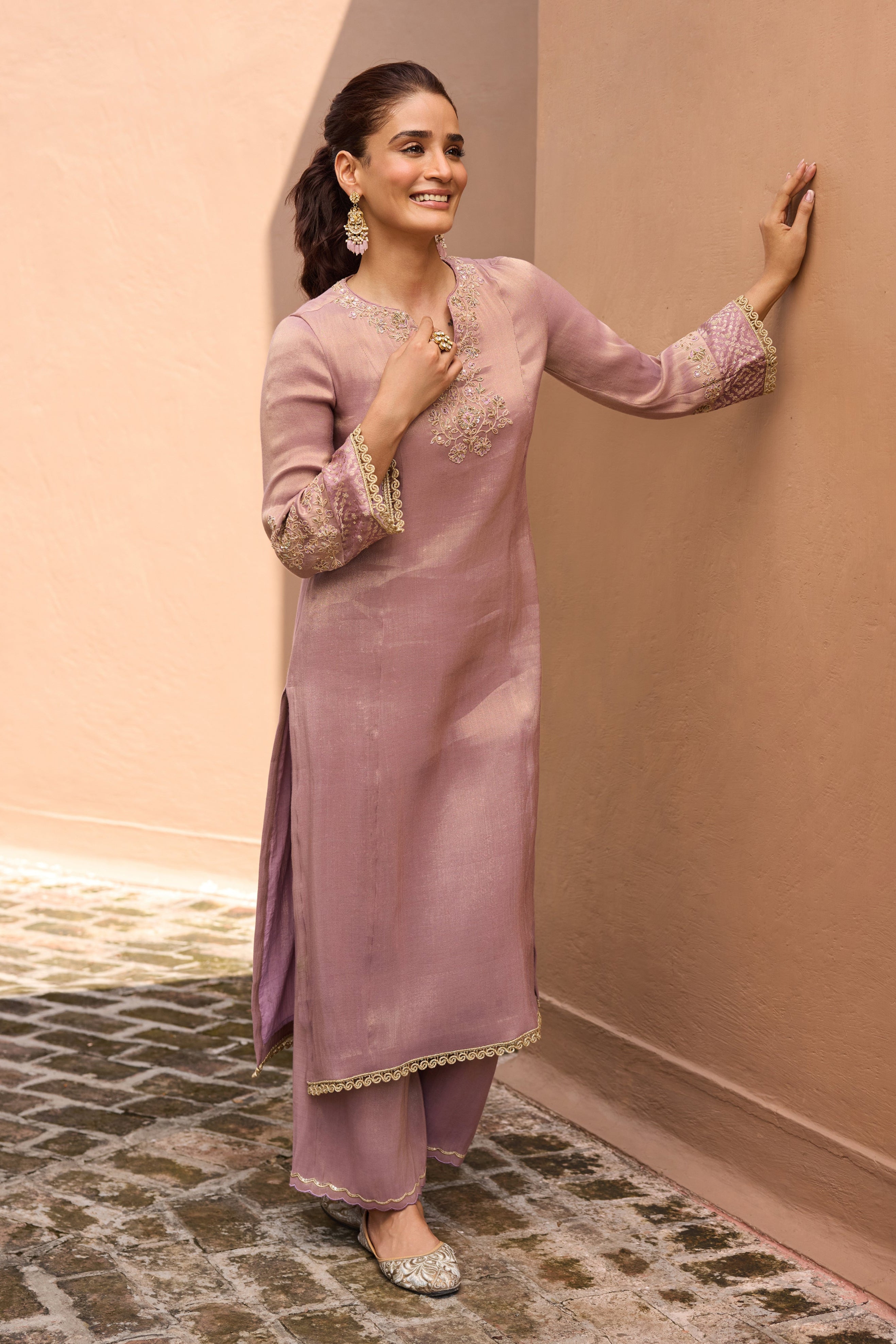 Divani Tissue Embroidered Purple Straight Kurta Set (READY TO SHIP)