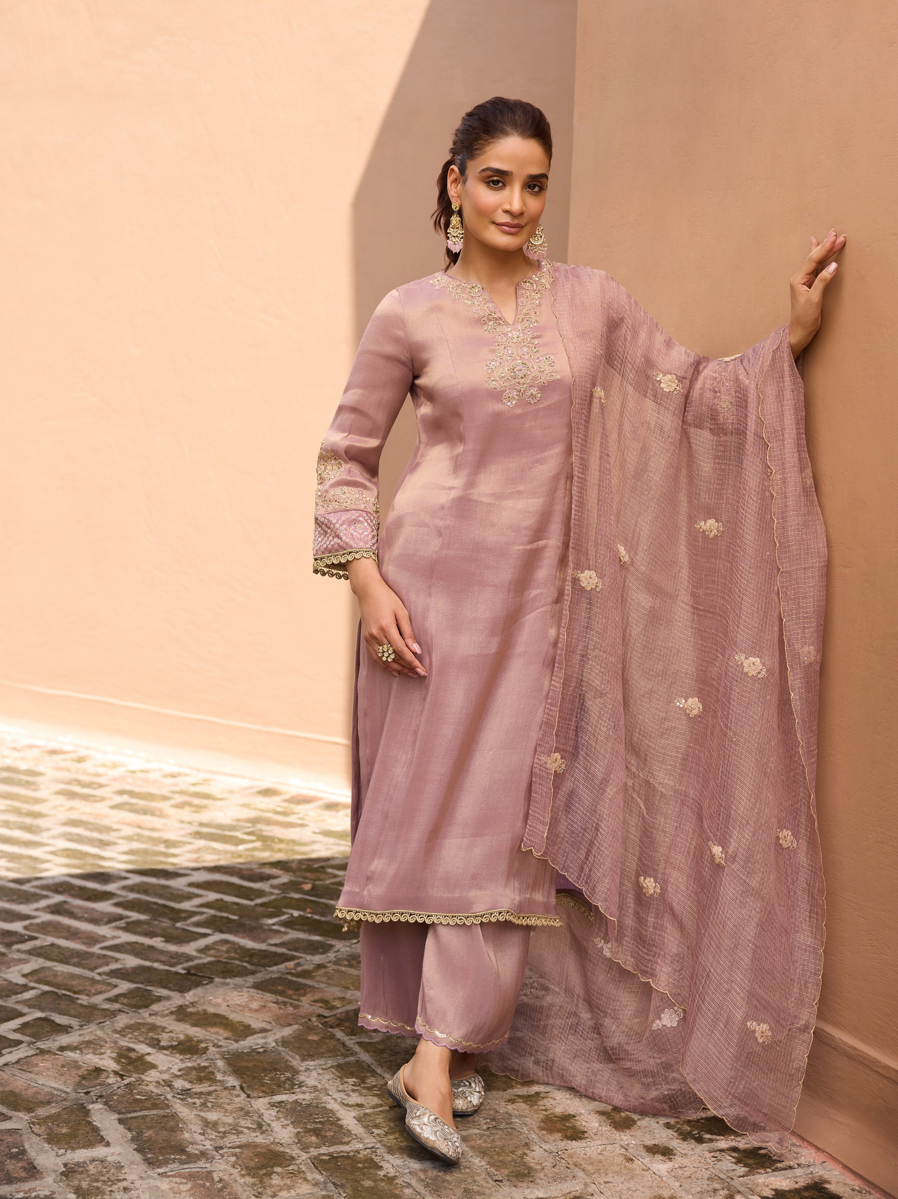 Divani Tissue Embroidered Purple Straight Kurta Set (READY TO SHIP)