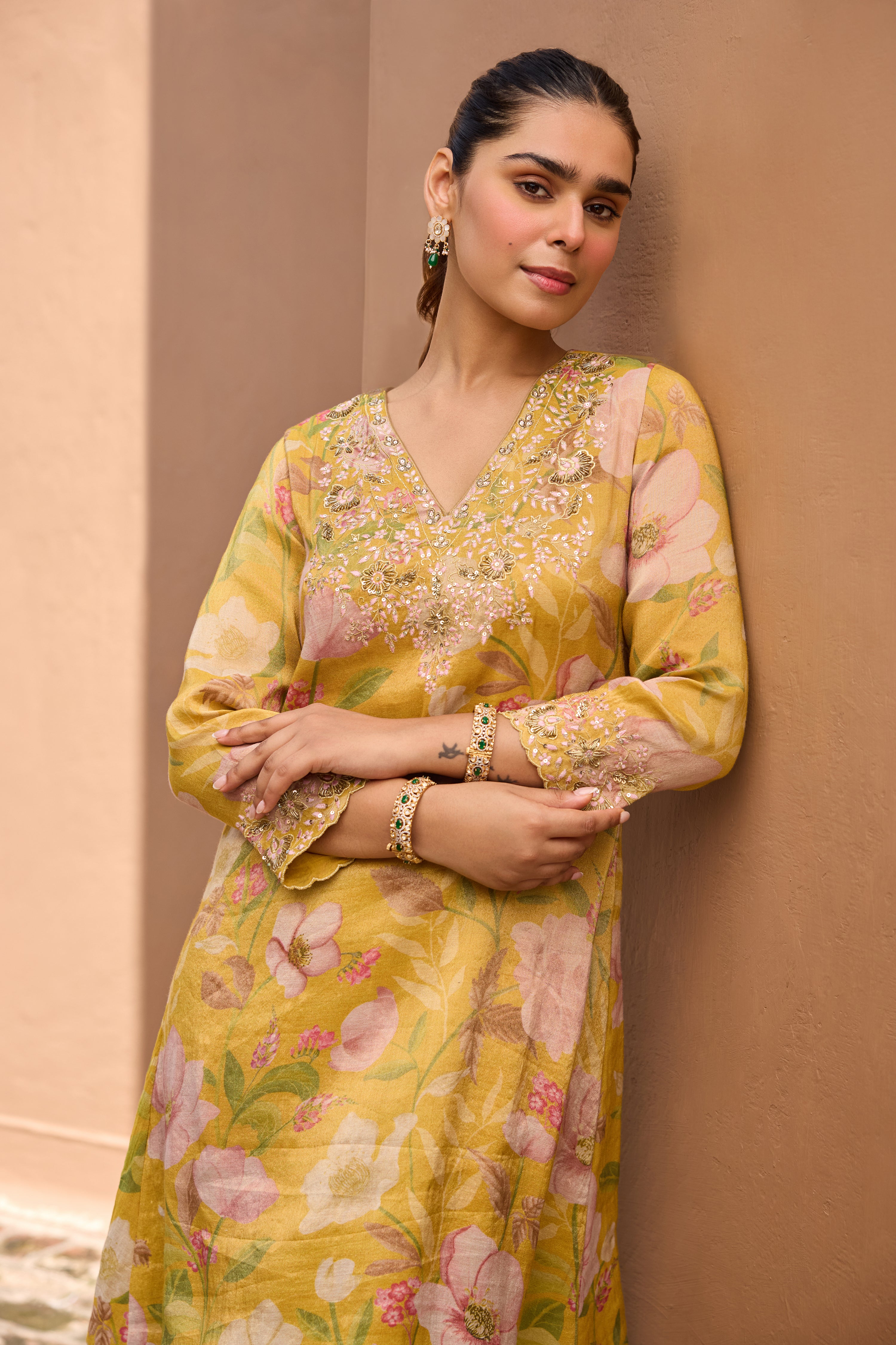 Ayesha Amin Nigam in Gulbaagh Tissue Floral Printed Embroidered Mustard A-Line Kurta Set