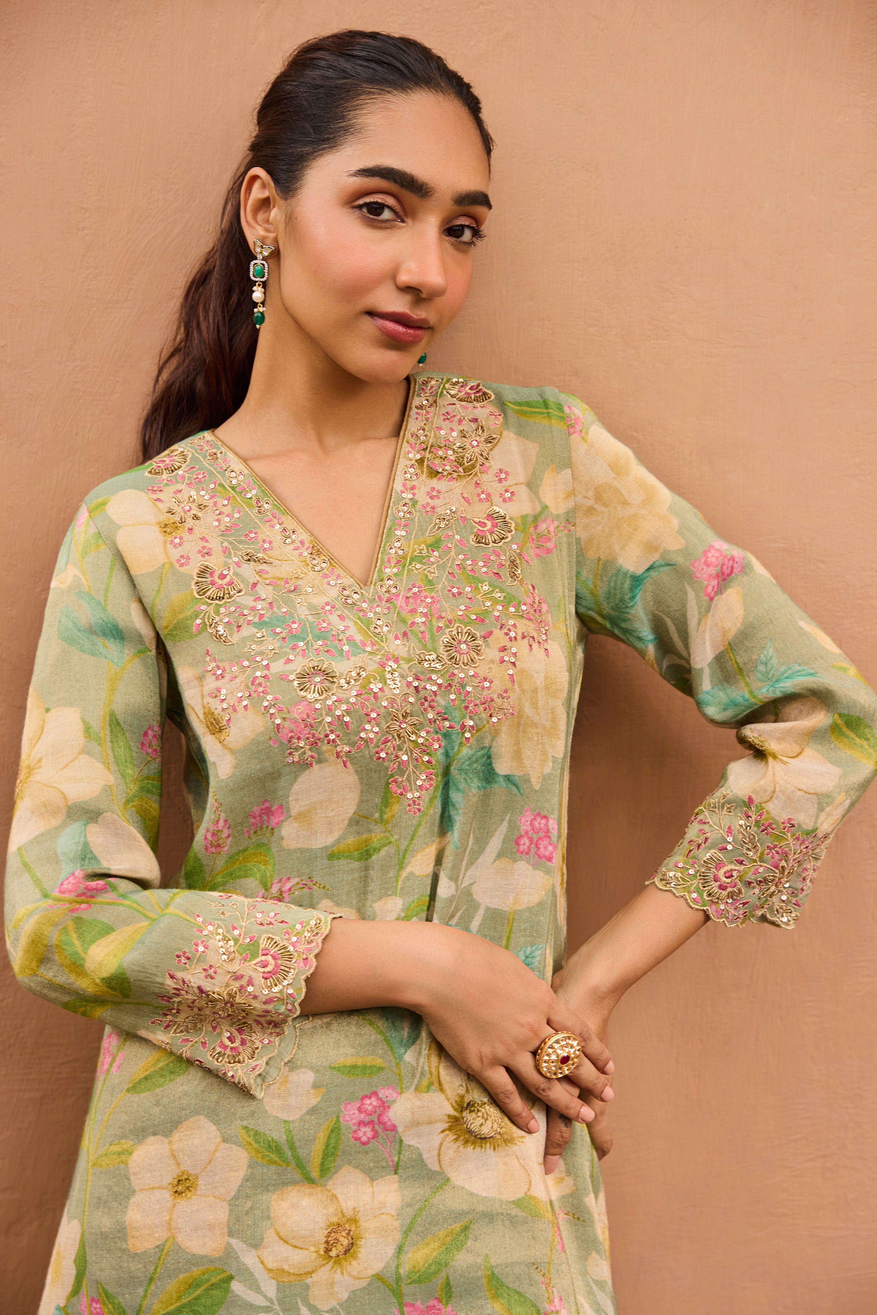 Gulbaagh Tissue Floral Printed Embroidered Turquoise A-Line Kurta Set