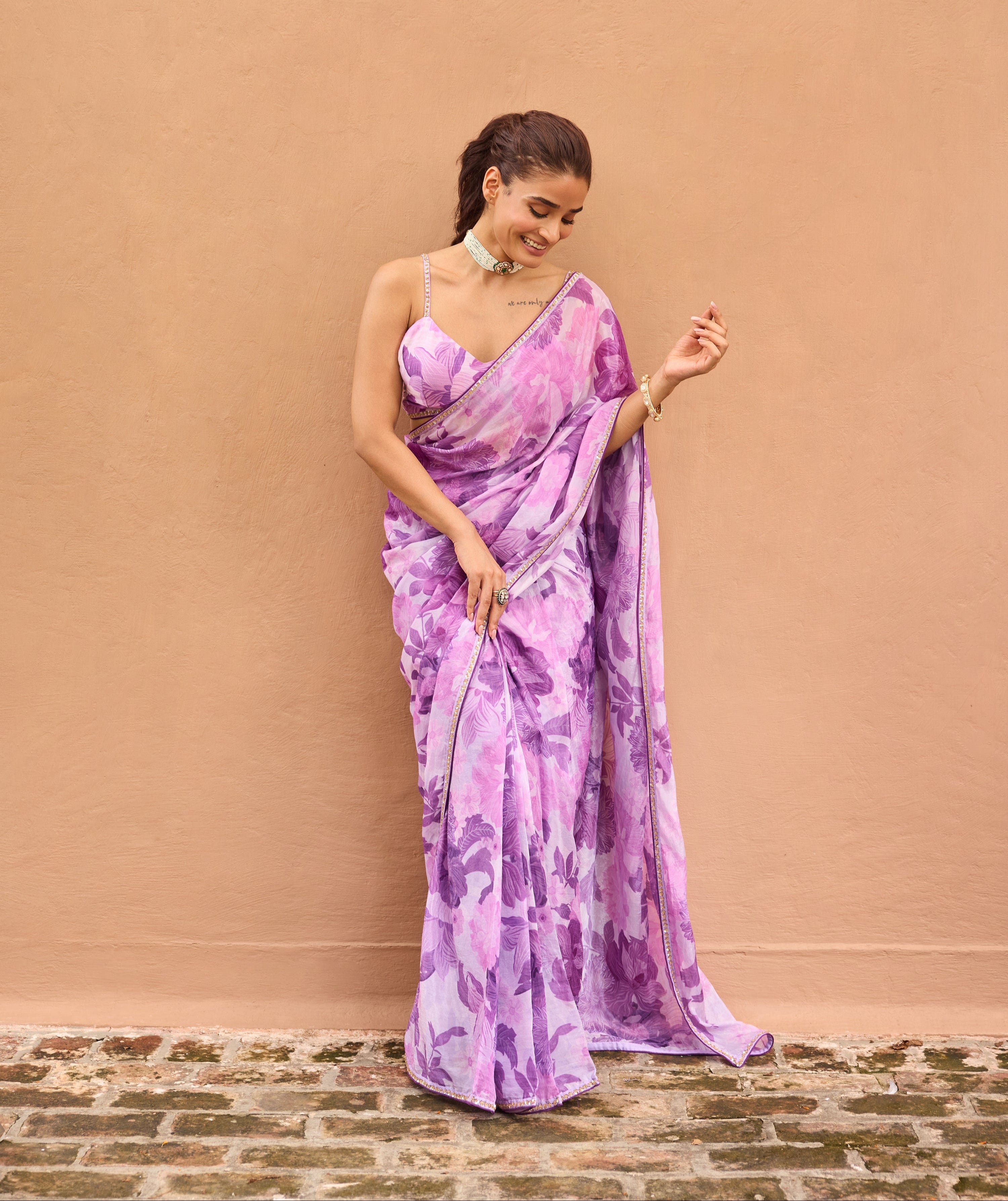 Amber Lilac Floral Printed Luxe Organza Saree