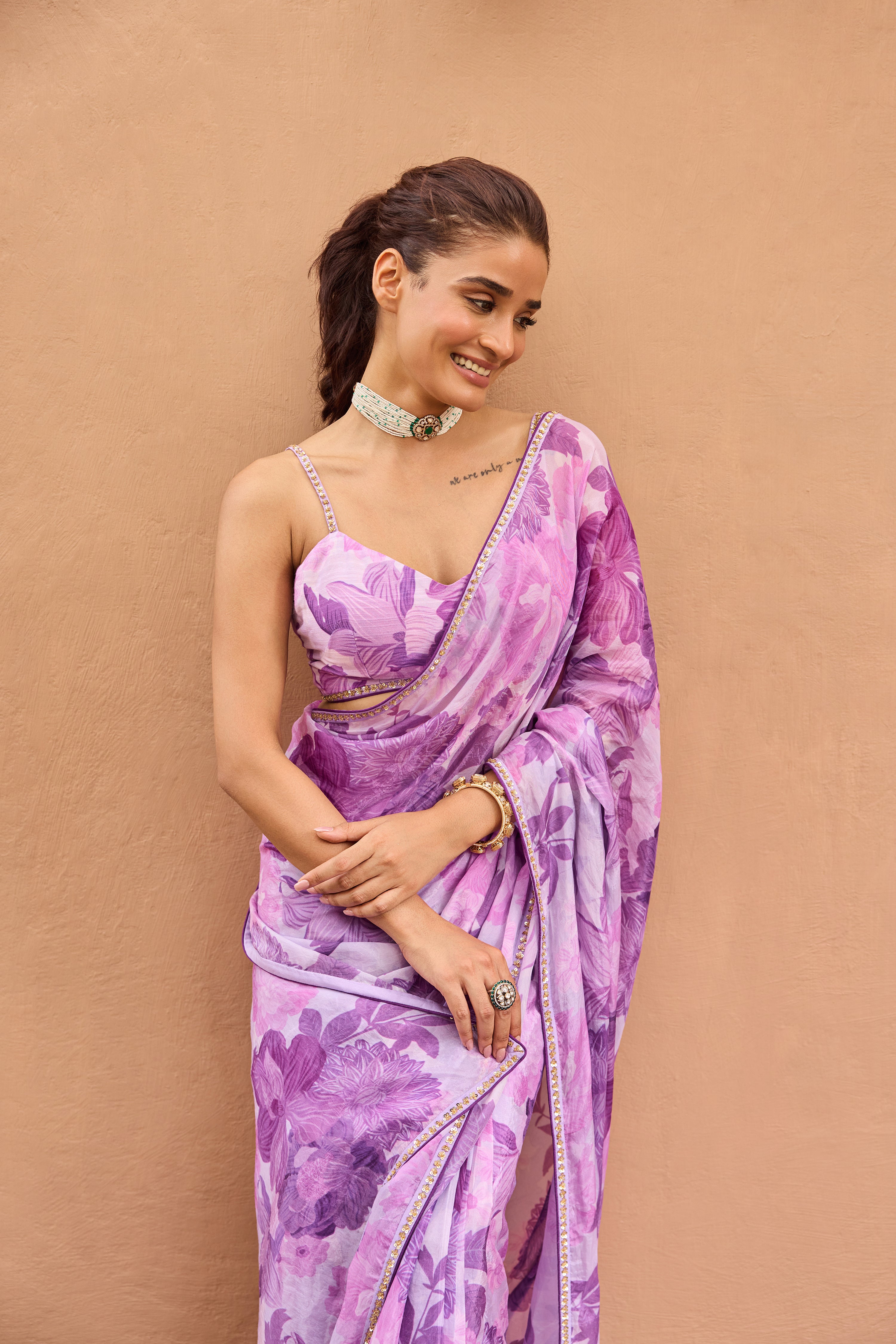 Amber Lilac Floral Printed Luxe Organza Saree