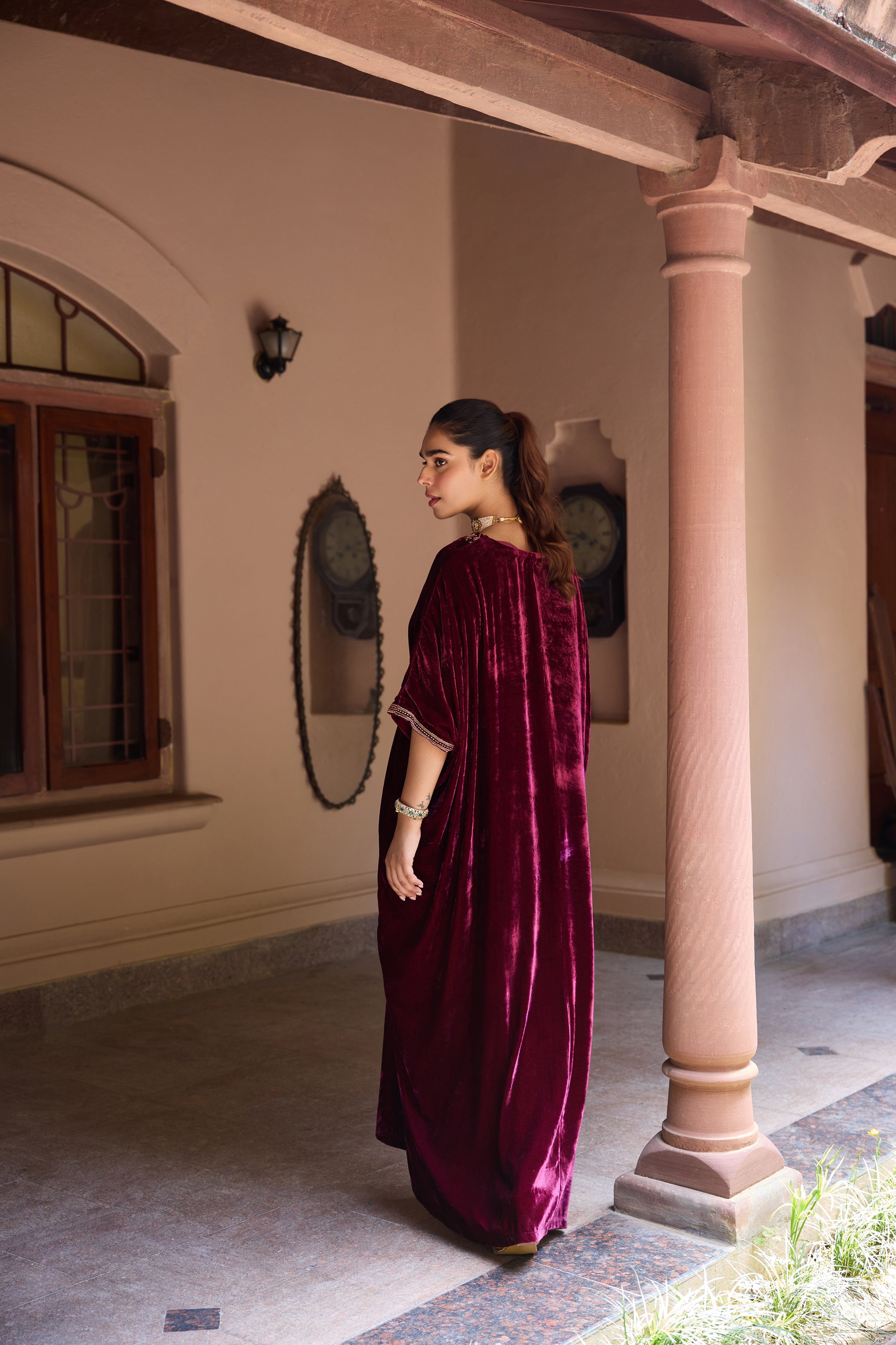 Gulzar Plum Silk Velvet Handcrafted Kaftan