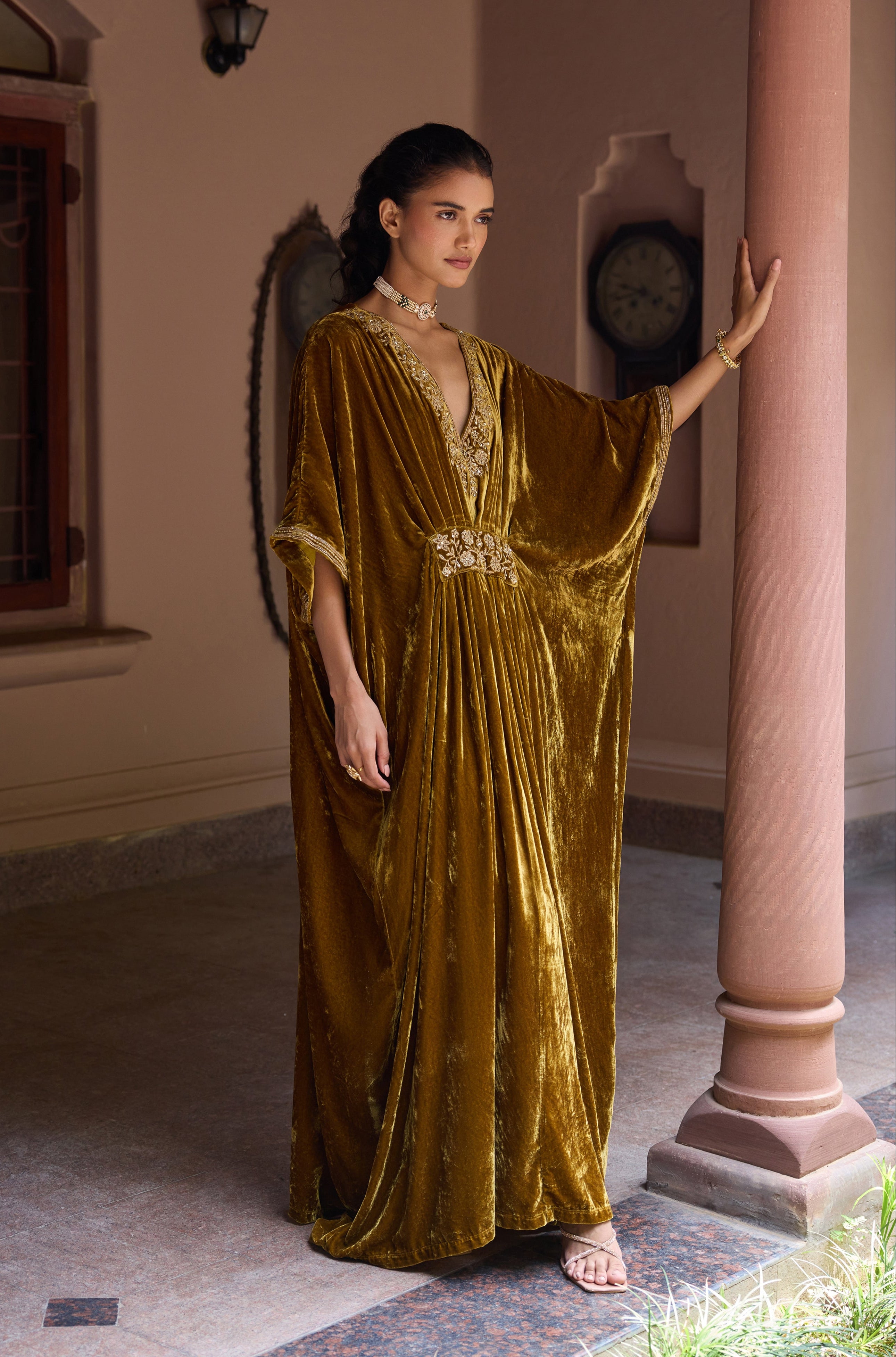 Gulzar Mustard Velvet Handcrafted Kaftan