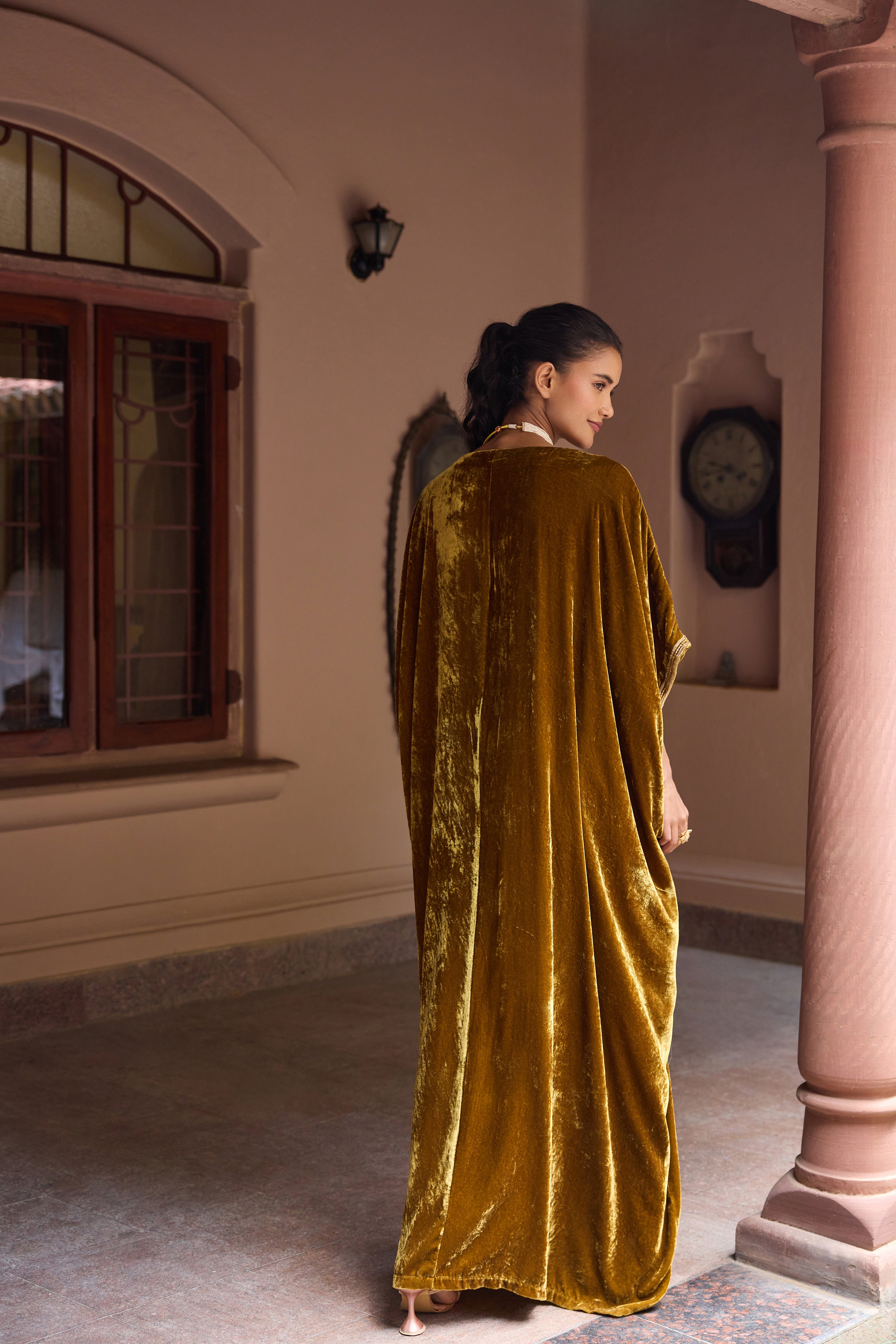 Deepti j Verma in Gulzar Mustard Velvet Handcrafted Kaftan