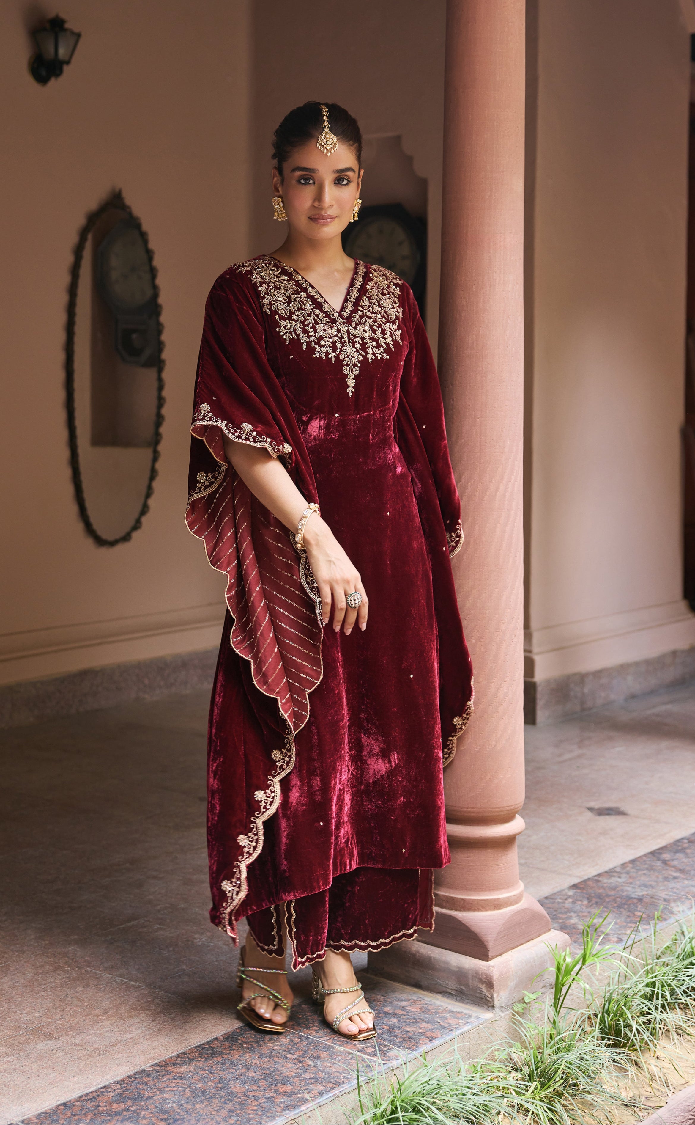 Firoz Red Embroidered Silk Velvet Kaftan Set (READY TO SHIP)