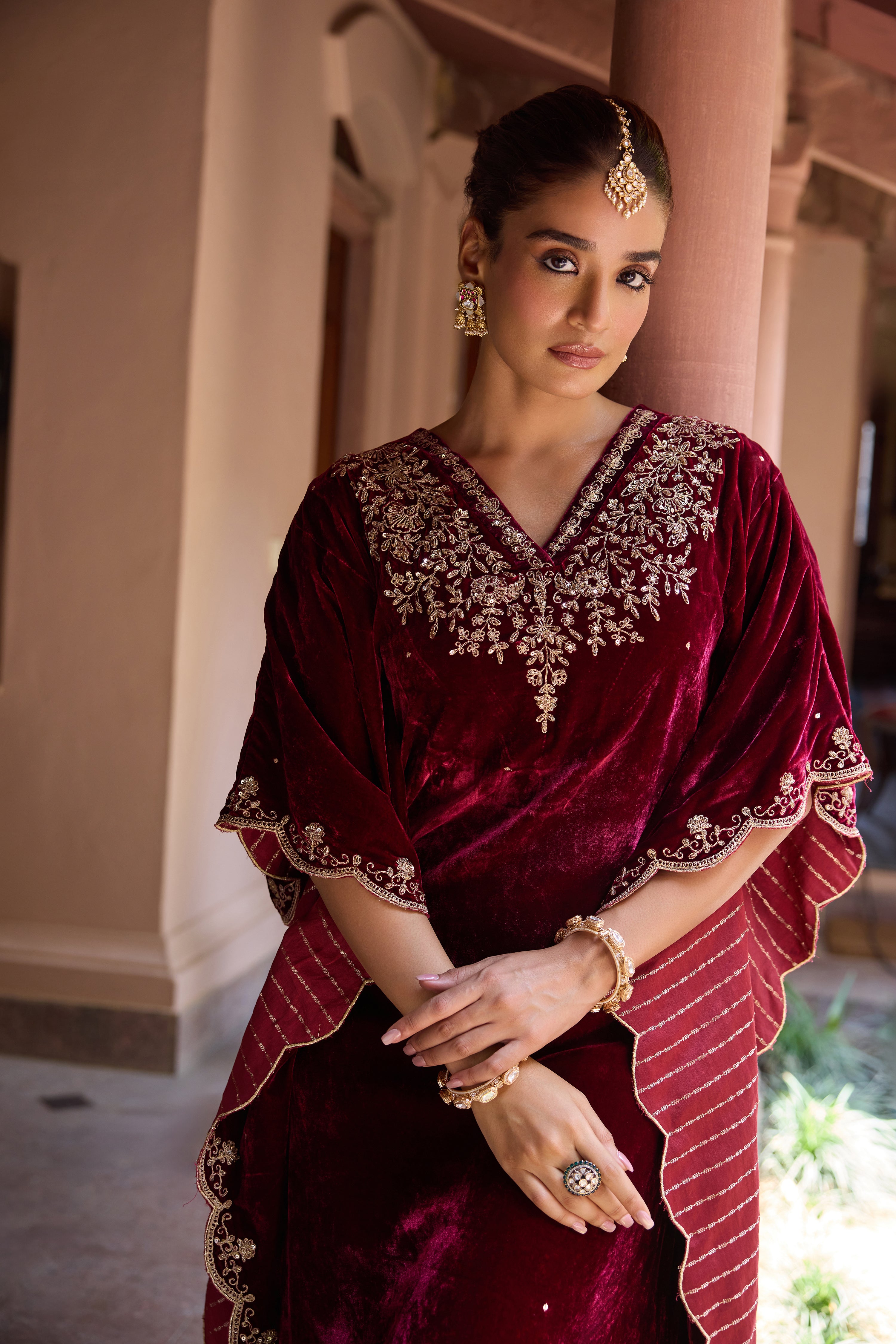Firoz Red Embroidered Silk Velvet Kaftan Set (READY TO SHIP)
