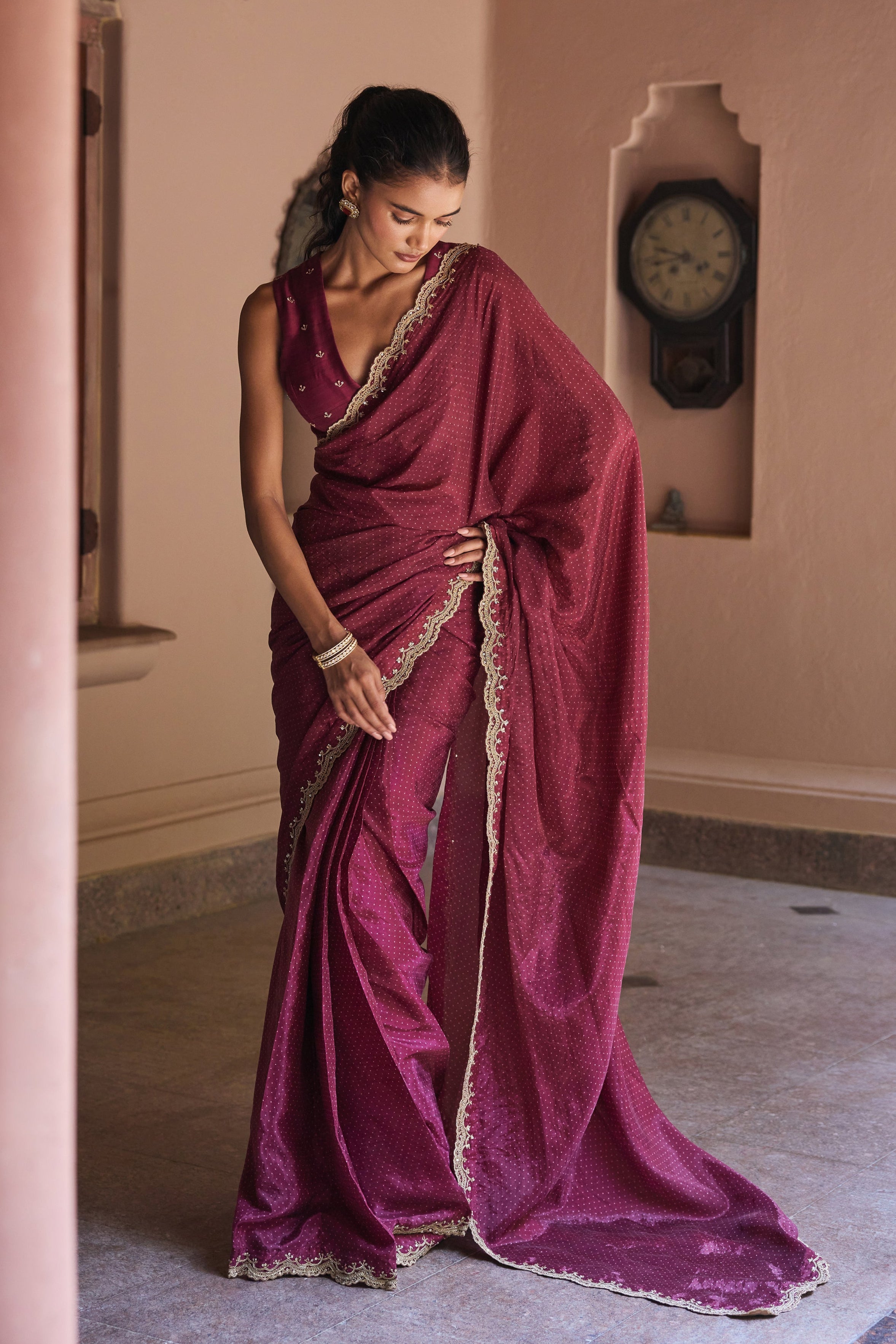 Alisha Wine Polka Dot Printed Luxe Organza Saree