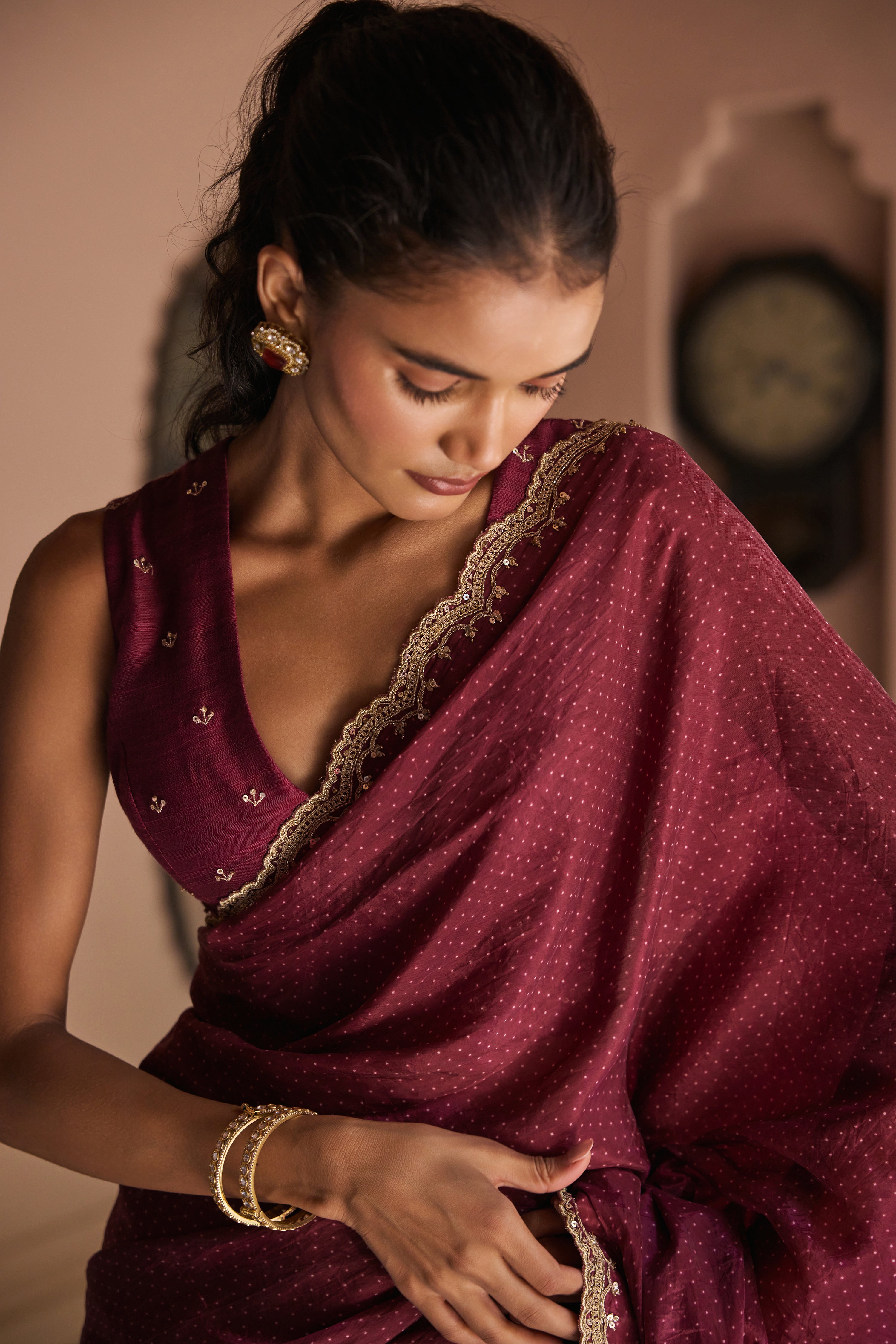 Alisha Wine Polka Dot Printed Luxe Organza Saree