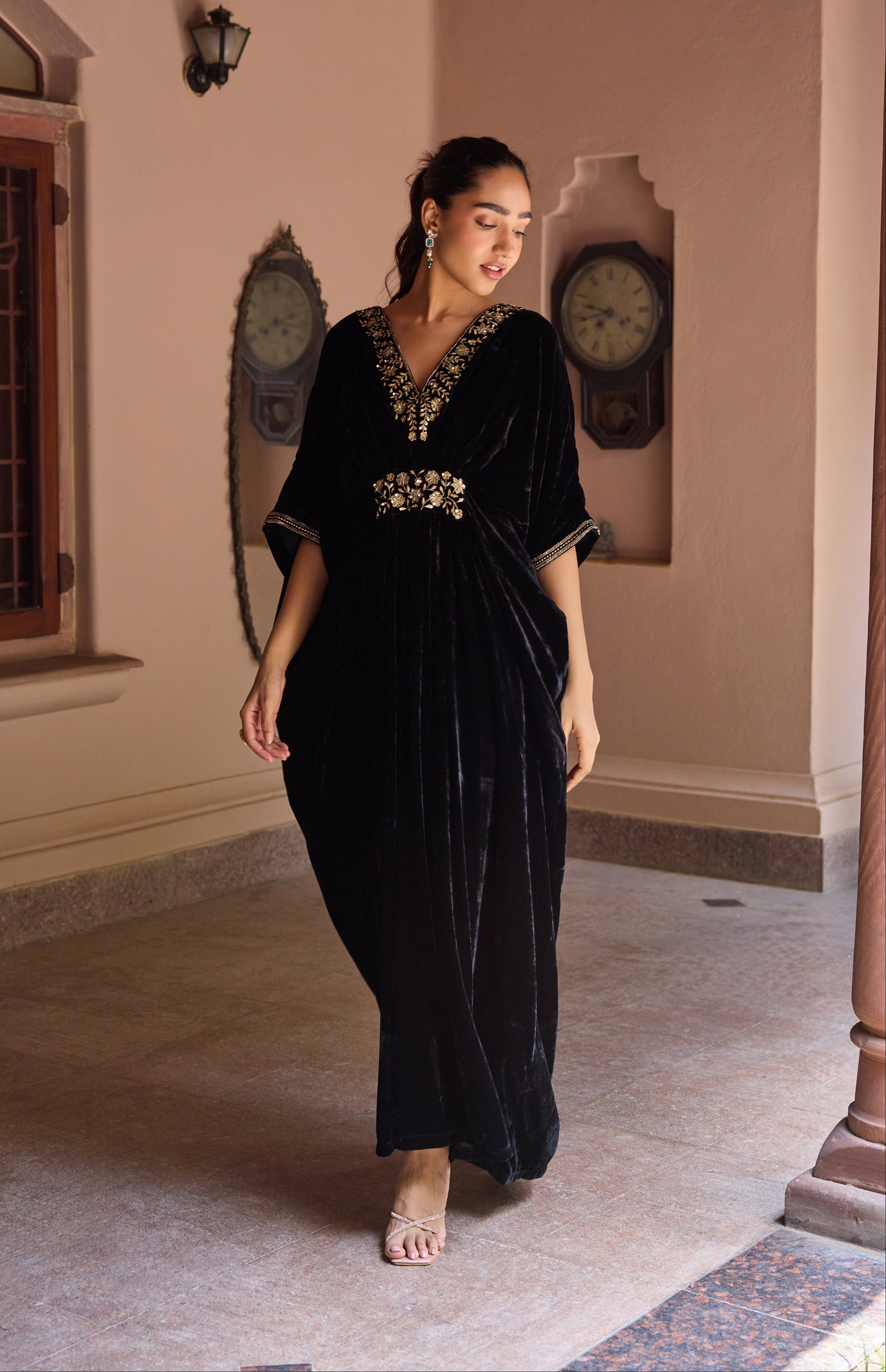 Gulzar Black Silk Velvet Handcrafted Kaftan